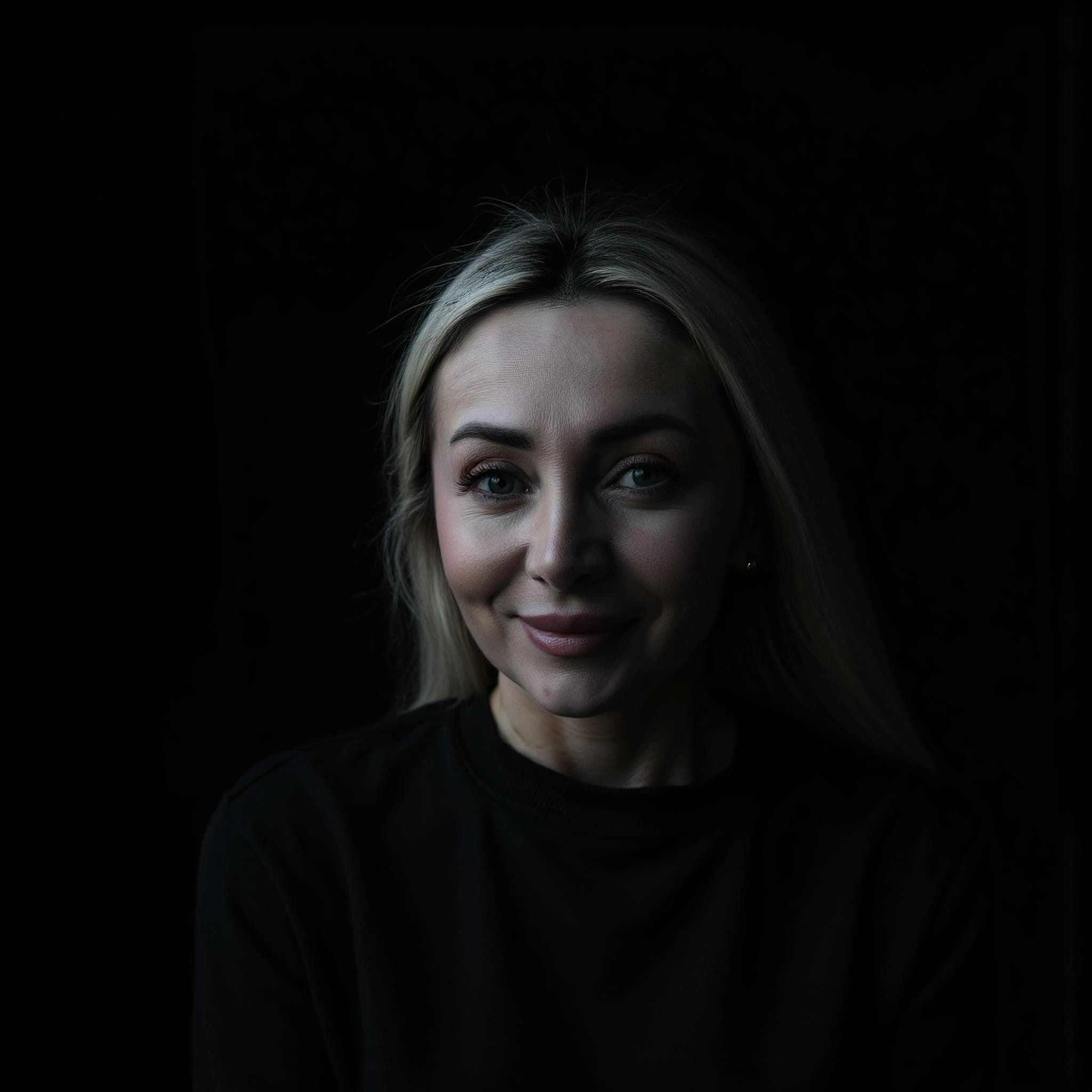 Professional headshot example: Woman Dark Background Black Top Smiling 2 — LinkedInHeadshots.ai