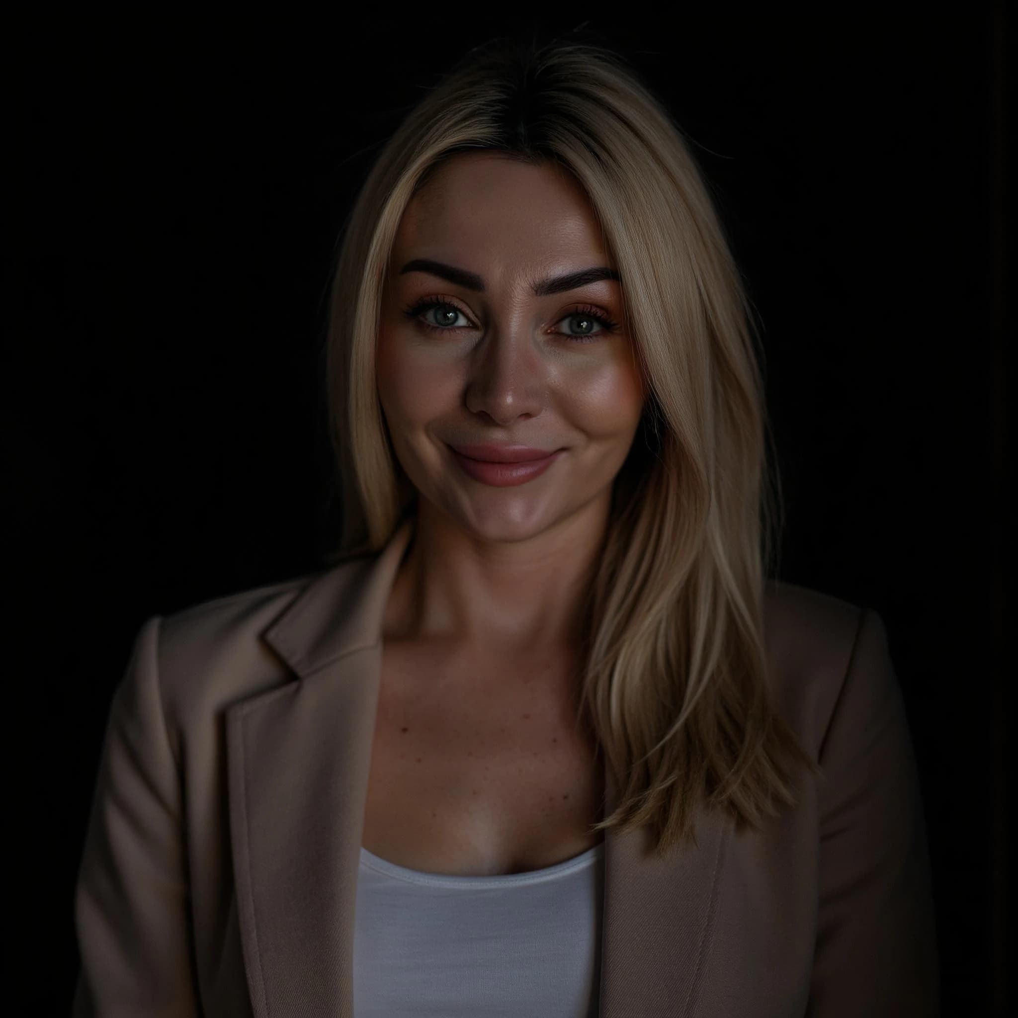 Professional headshot example: Woman Dark Background Blazer Smiling — LinkedInHeadshots.ai