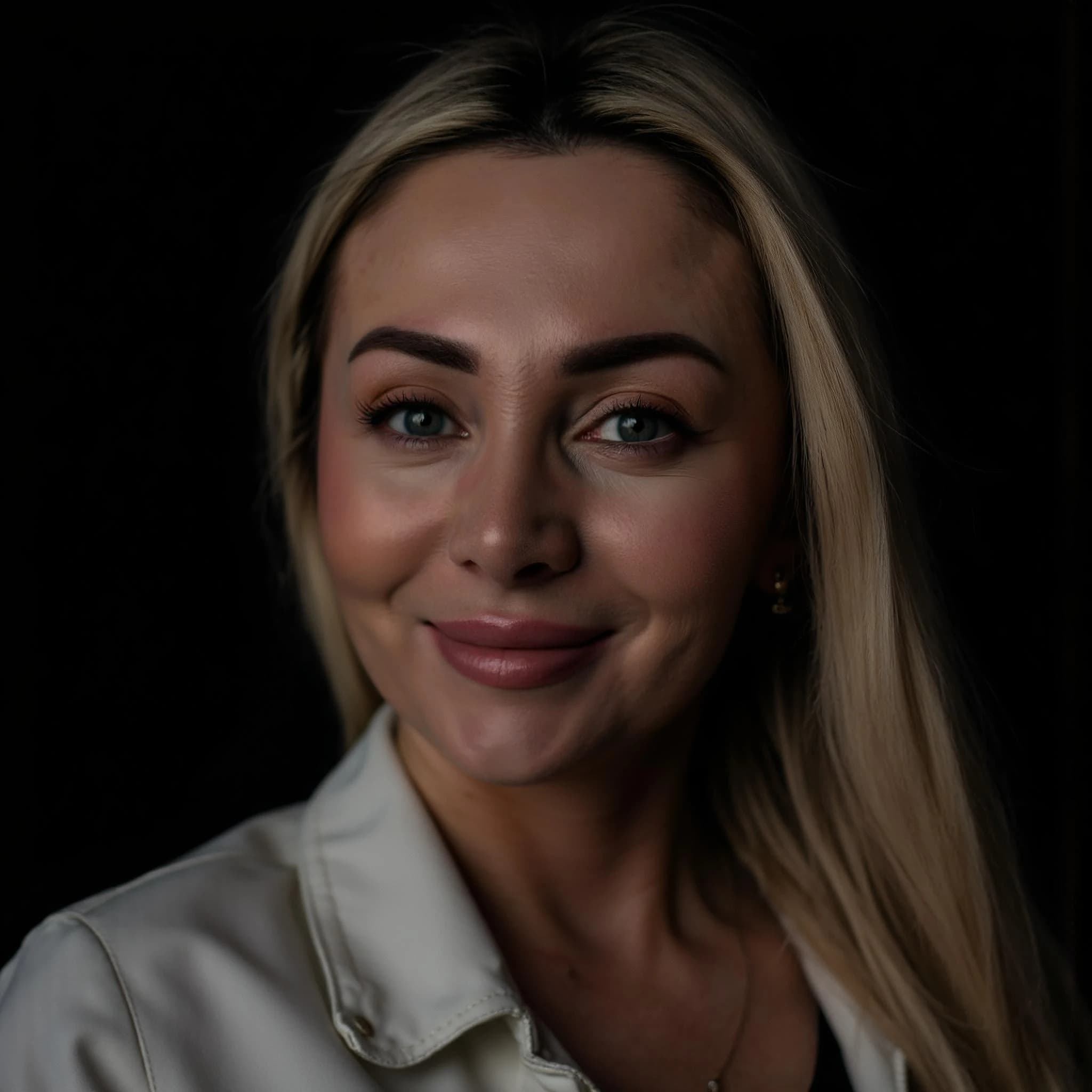 Professional headshot example: Woman Dark Background White Jacket Smiling — LinkedInHeadshots.ai