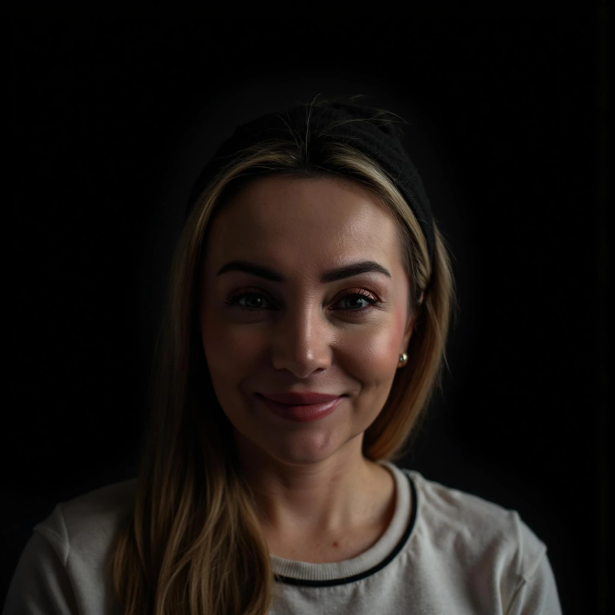 Professional headshot example: Woman Dark Background White Shirt Smiling — LinkedInHeadshots.ai