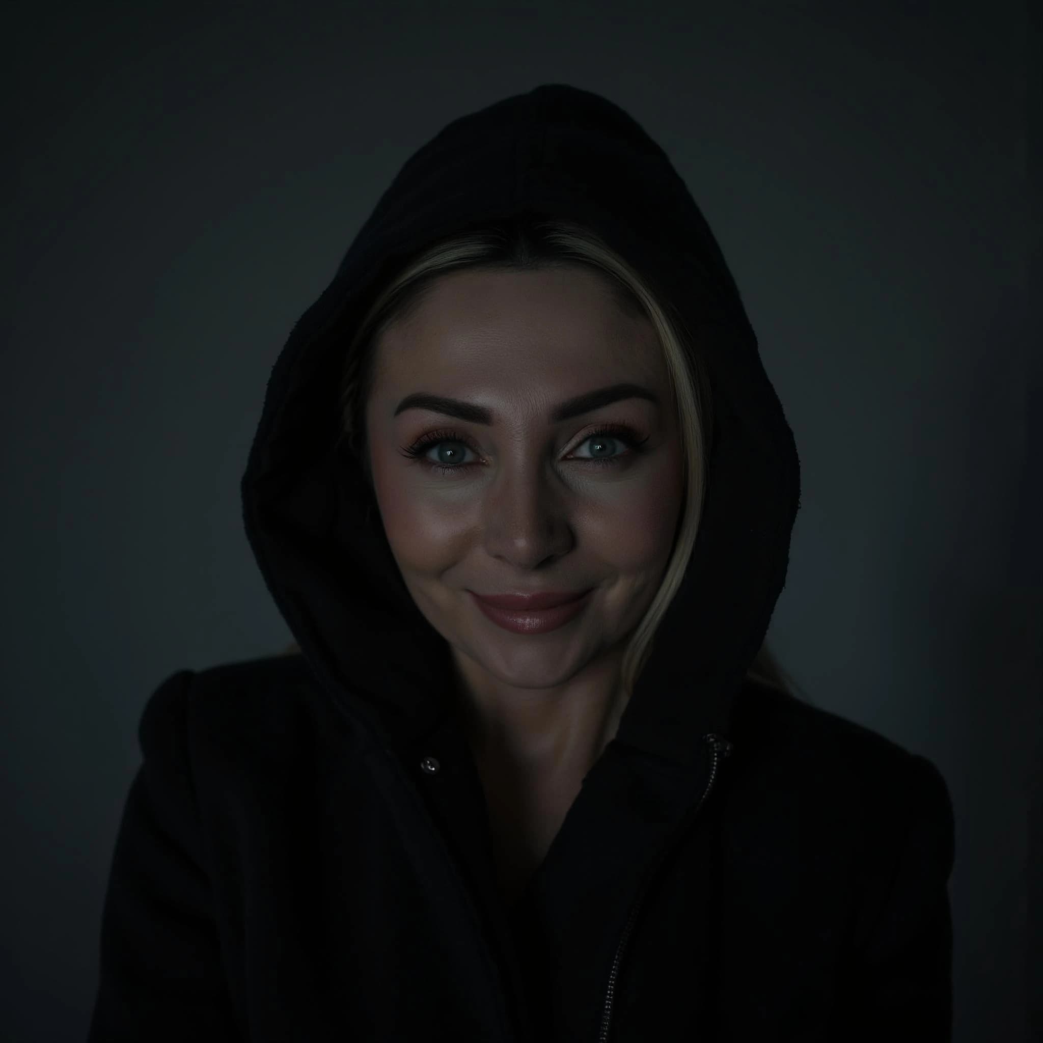 Professional headshot example: Woman Dark Room Black Hoodie Smiling — LinkedInHeadshots.ai