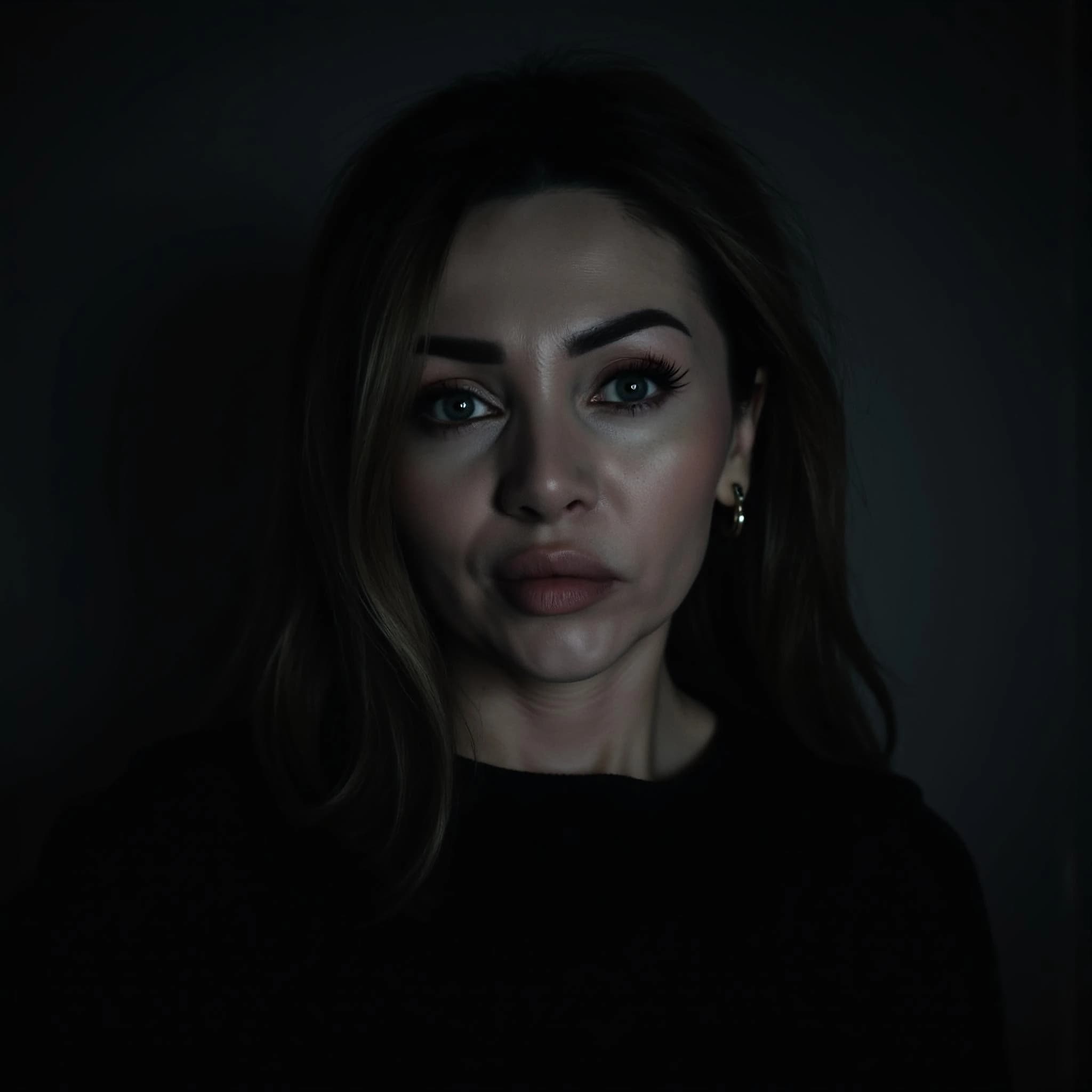 Professional headshot example: Woman Dark Room Black Top Portrait — LinkedInHeadshots.ai