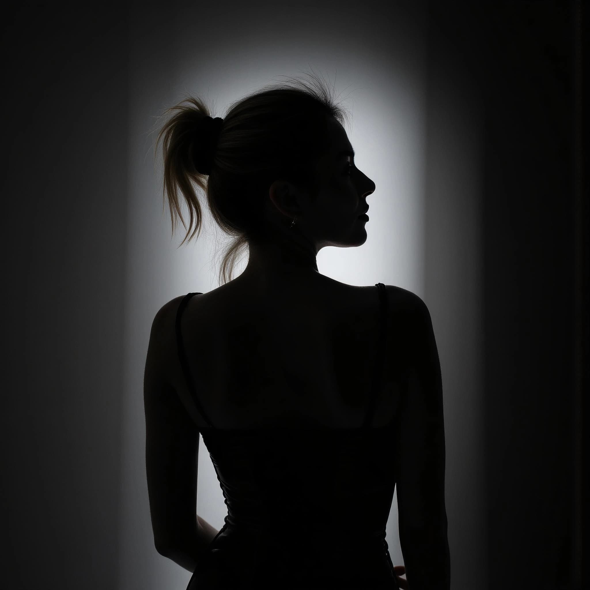 Professional headshot example: Woman Dark Room Silhouette Ponytail — LinkedInHeadshots.ai