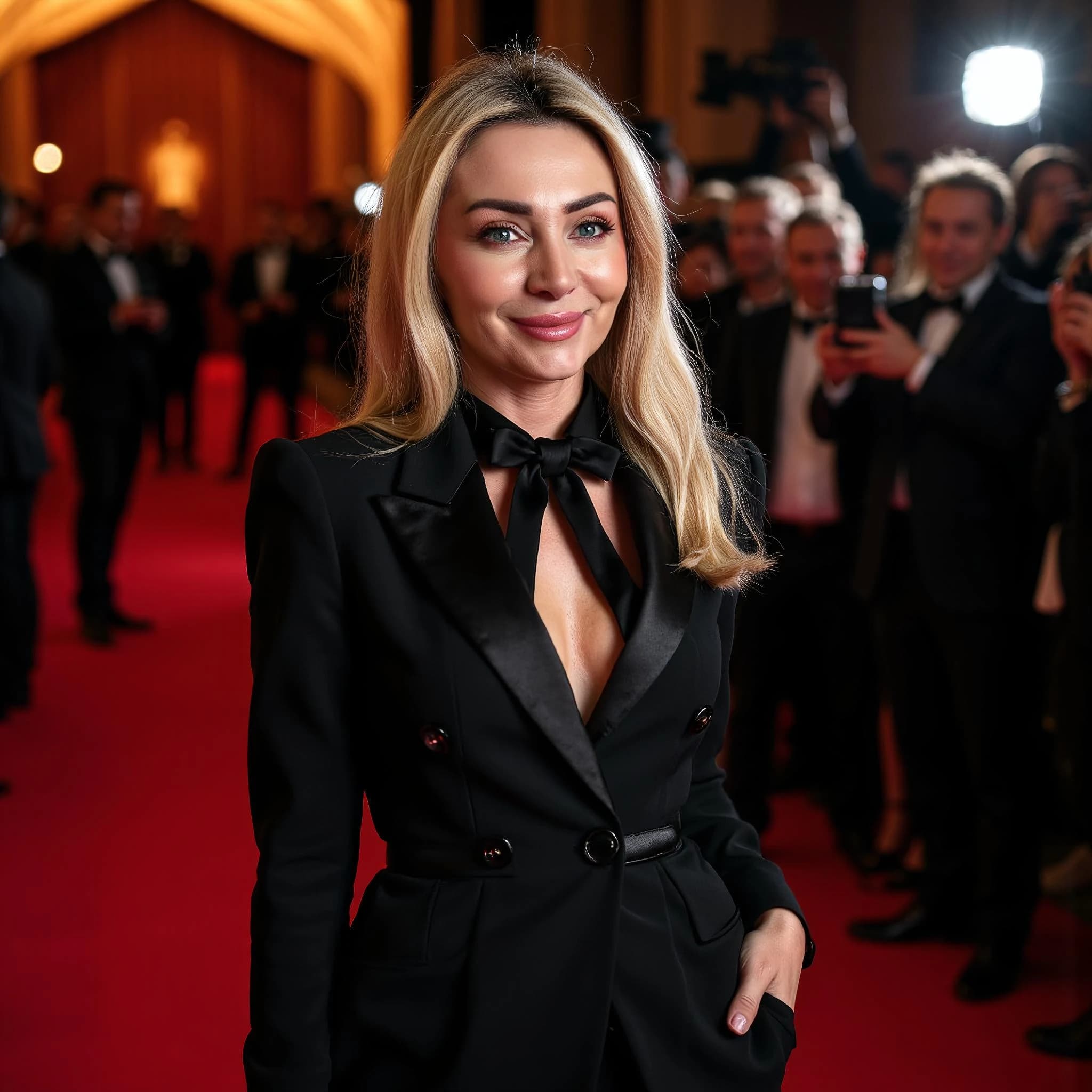 Professional headshot example: Woman Event Black Suit Smiling — LinkedInHeadshots.ai