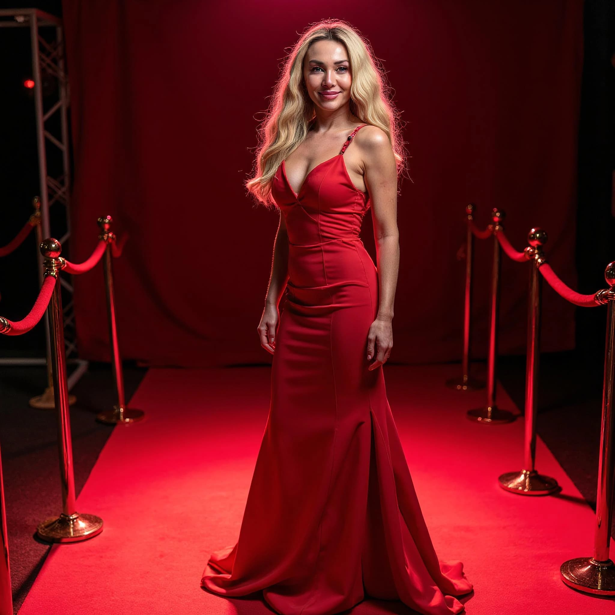 Professional headshot example: Woman Event Red Dress Standing — LinkedInHeadshots.ai