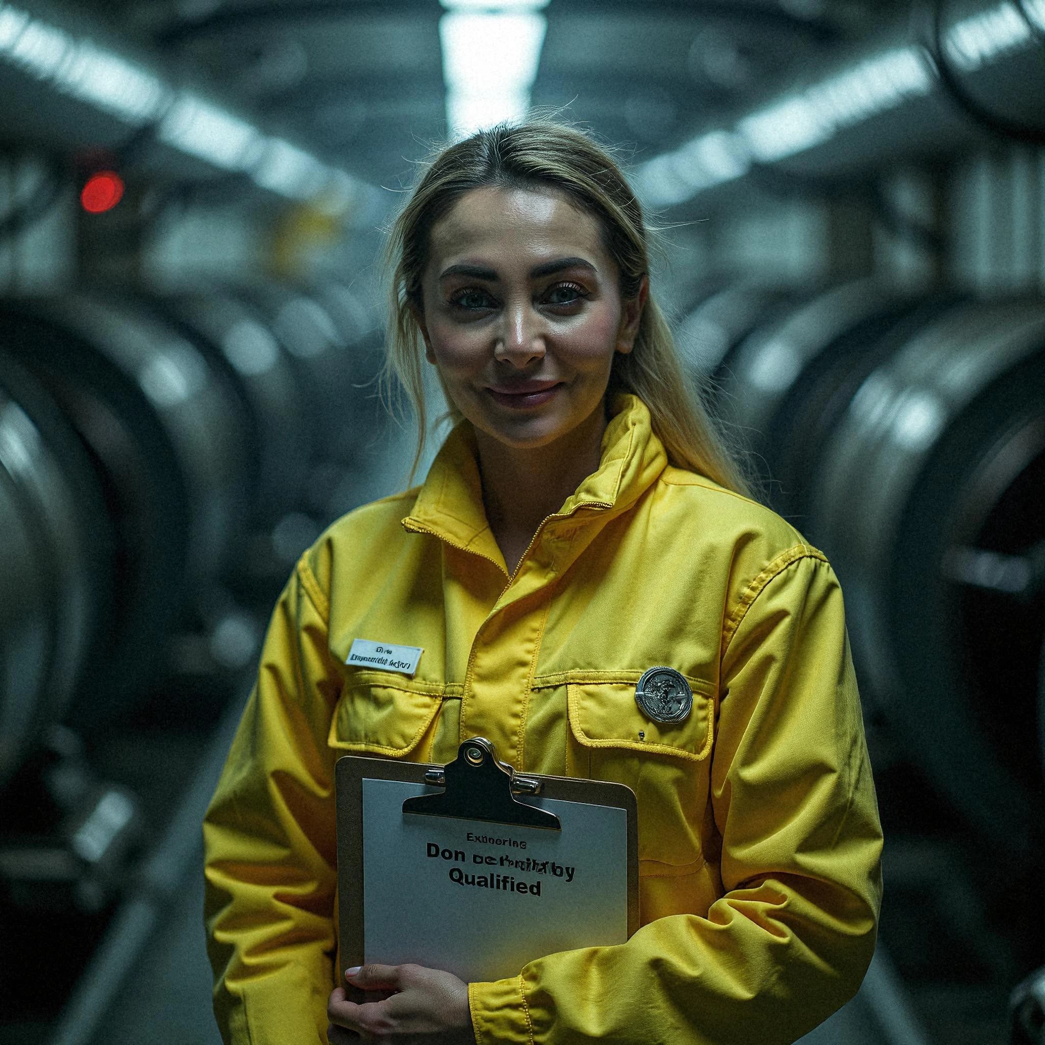 Professional headshot example: Woman Factory Yellow Jacket Holding Clipboard — LinkedInHeadshots.ai