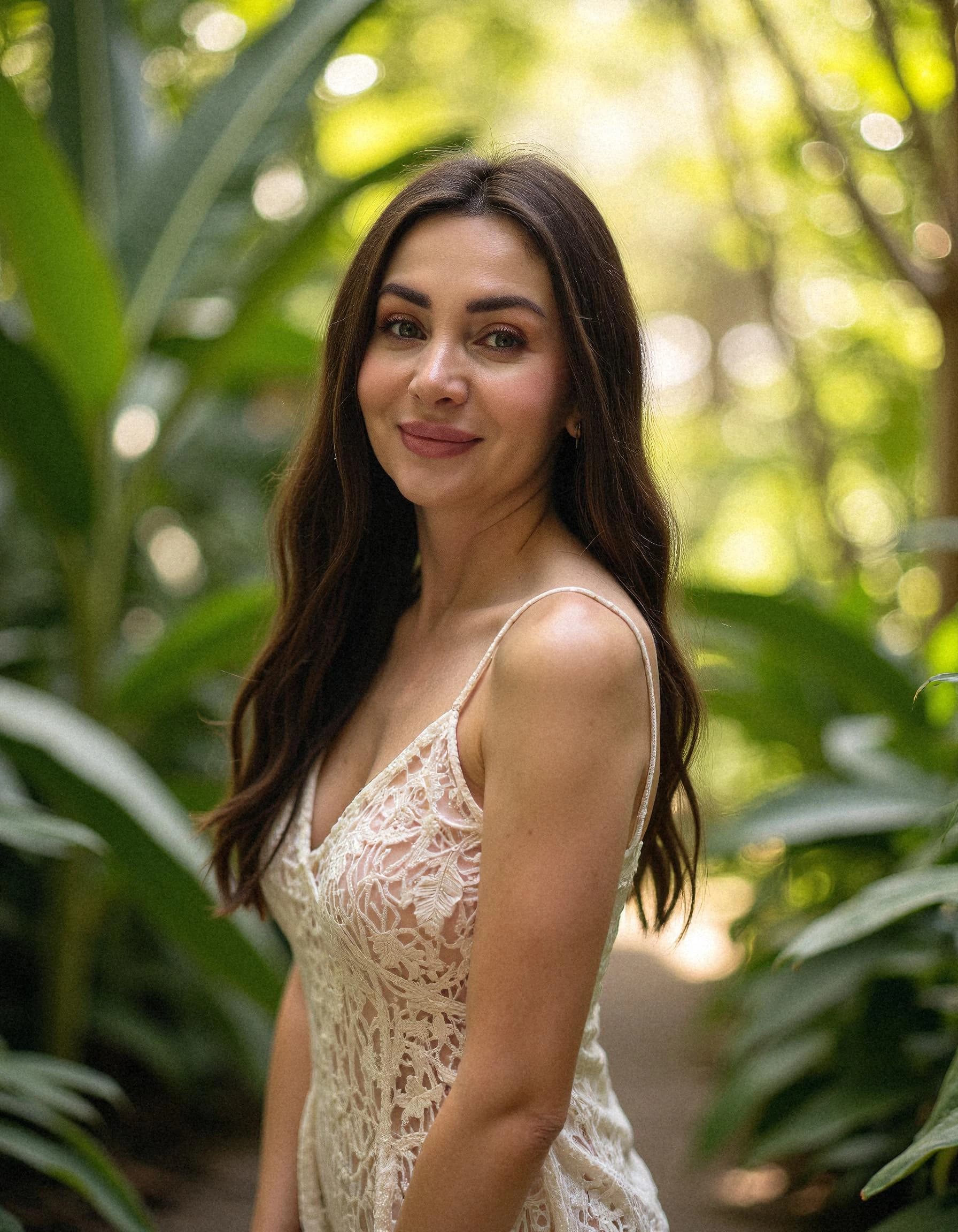 Professional headshot example: Woman Garden White Dress Smiling — LinkedInHeadshots.ai