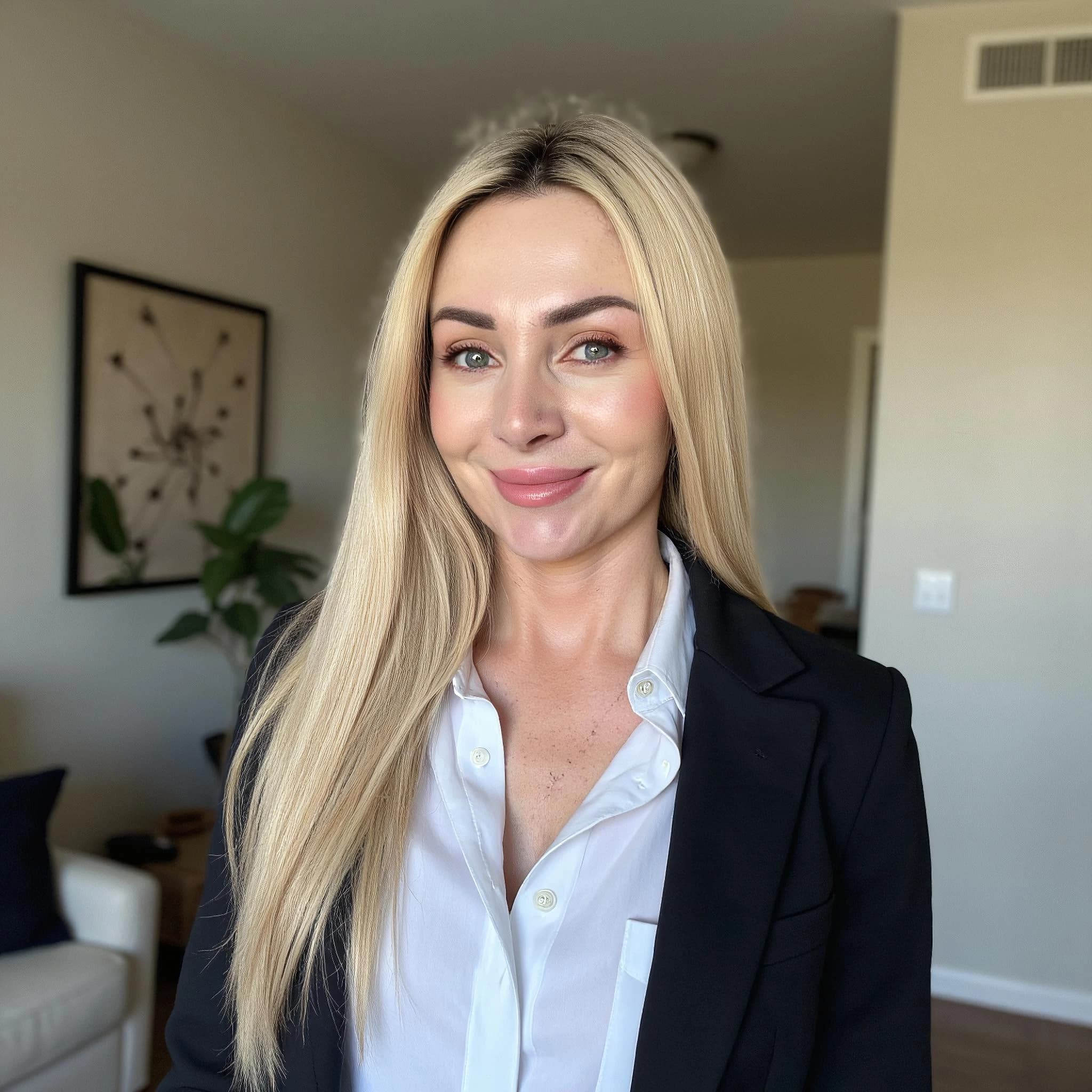 Professional headshot example: Woman Home Black Blazer Smiling — LinkedInHeadshots.ai