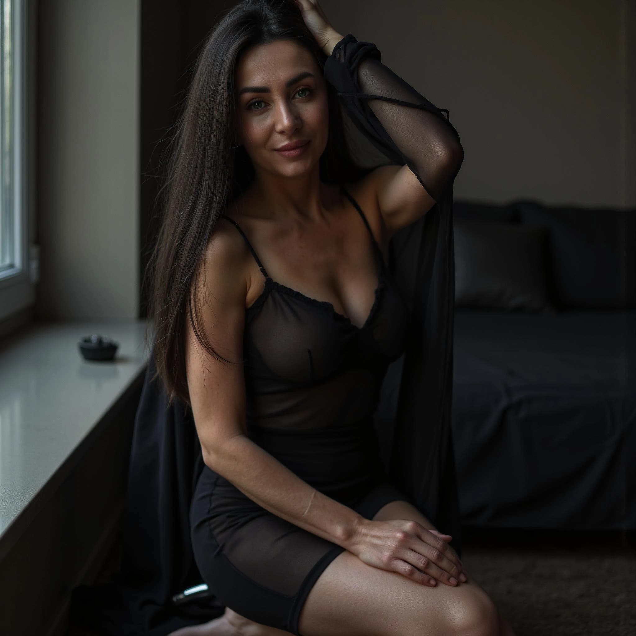 Professional headshot example: Woman Home Black Dress Sitting — LinkedInHeadshots.ai
