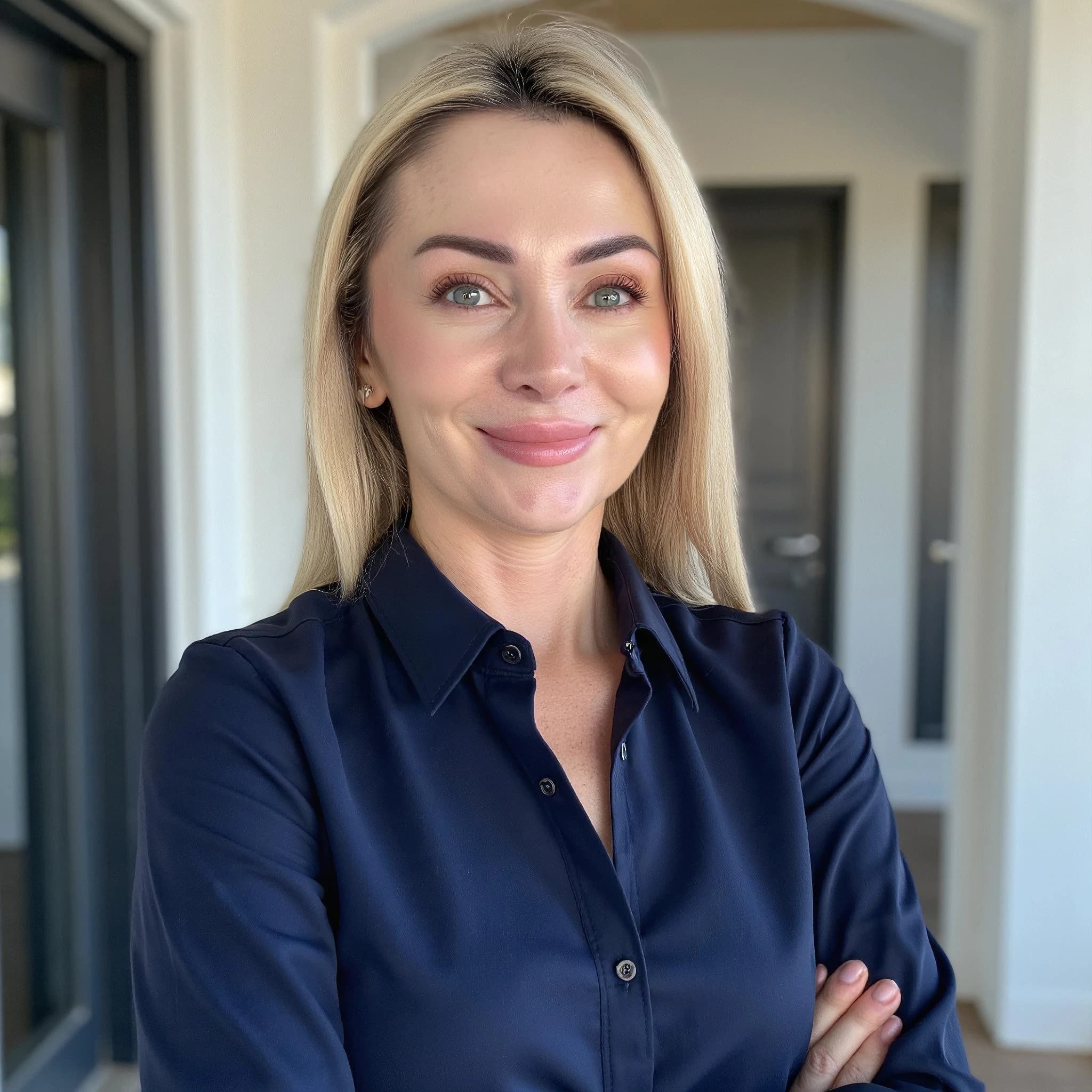 Professional headshot example: Woman Home Blue Shirt Crossed Arms — LinkedInHeadshots.ai