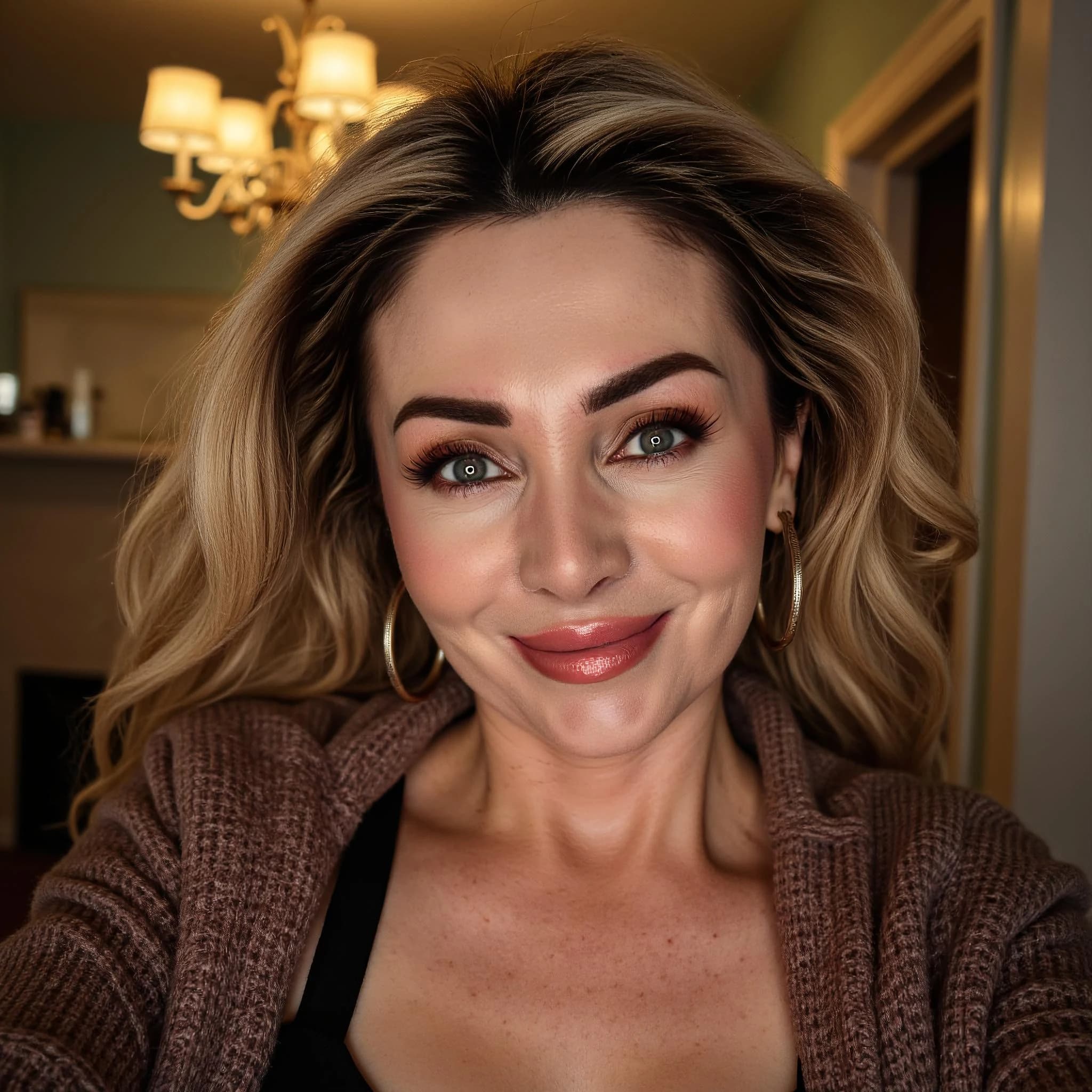 Professional headshot example: Woman Home Brown Cardigan Smiling — LinkedInHeadshots.ai