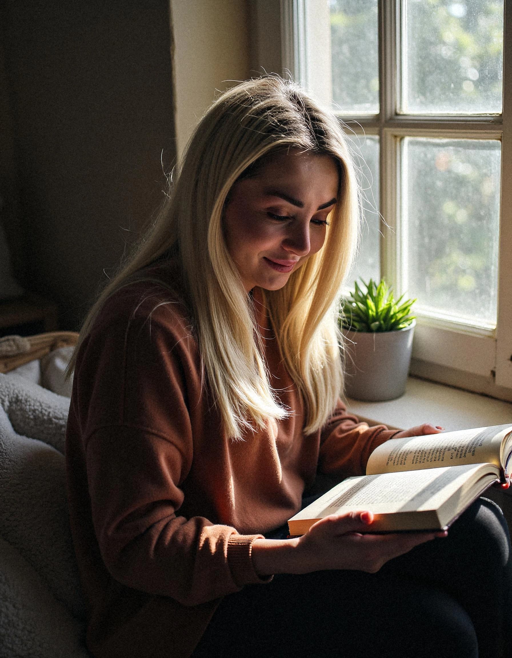 Professional headshot example: Woman Home Brown Sweater Reading — LinkedInHeadshots.ai