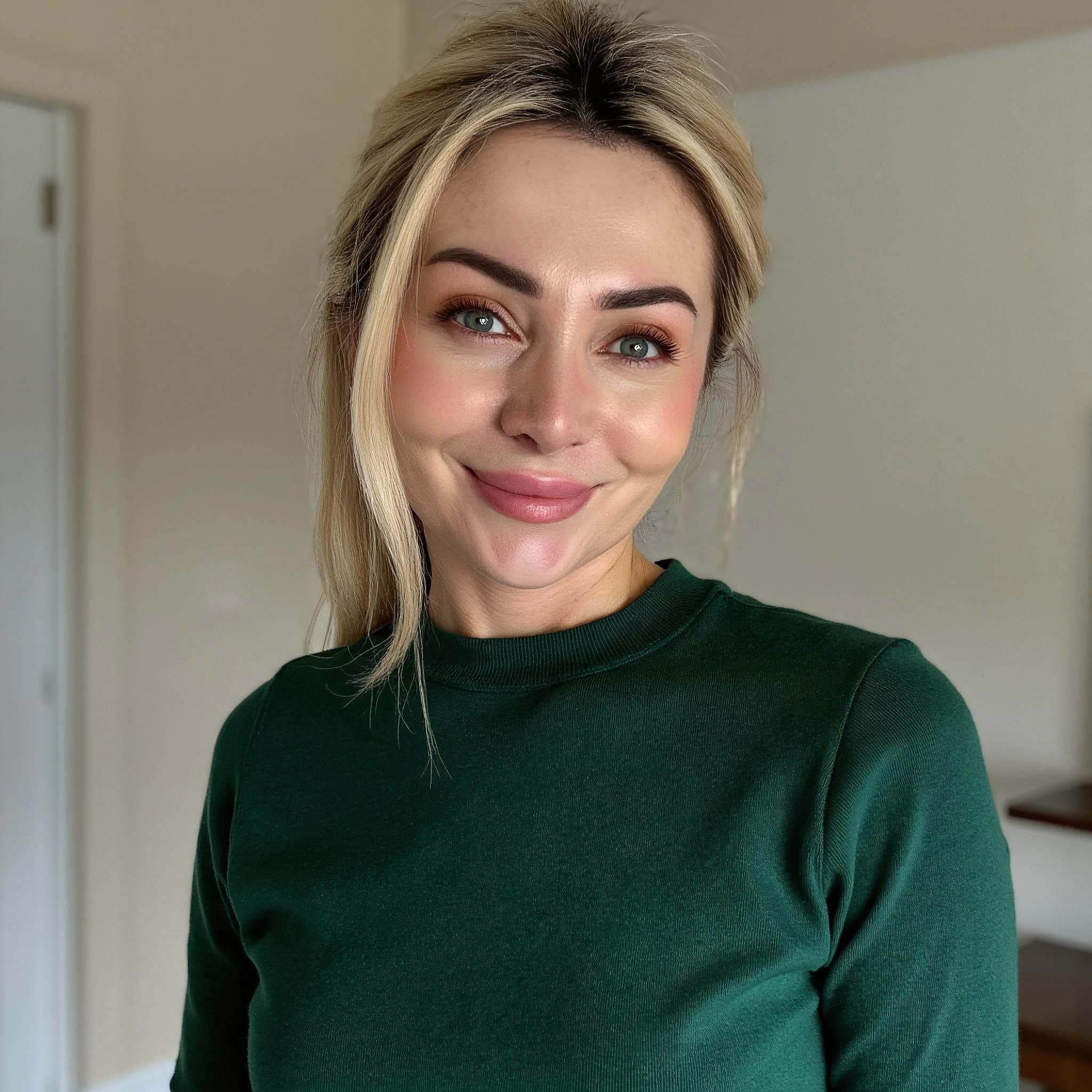 Professional headshot example: Woman Home Green Sweater Smiling — LinkedInHeadshots.ai