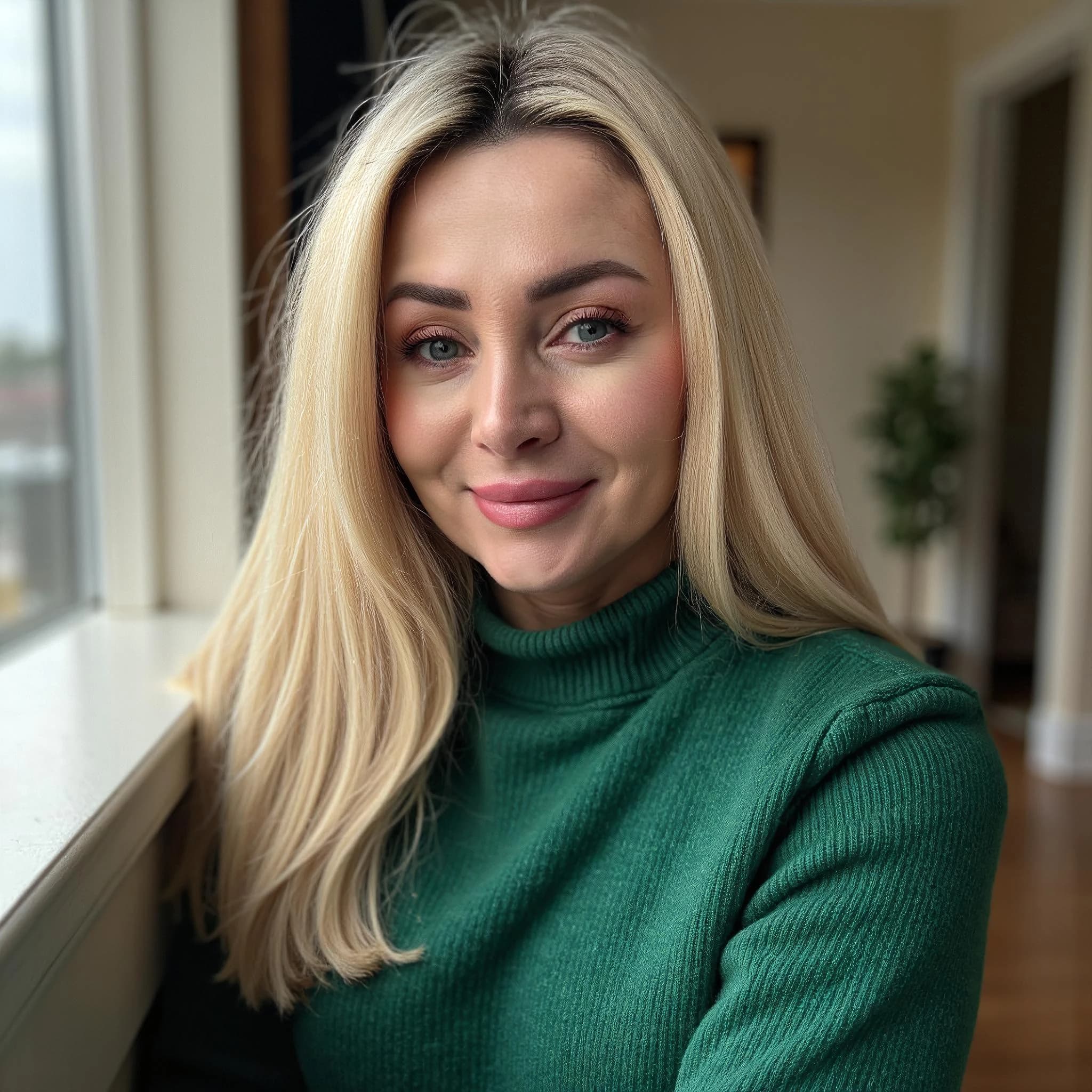 Professional headshot example: Woman Home Green Sweater Smiling 2 — LinkedInHeadshots.ai