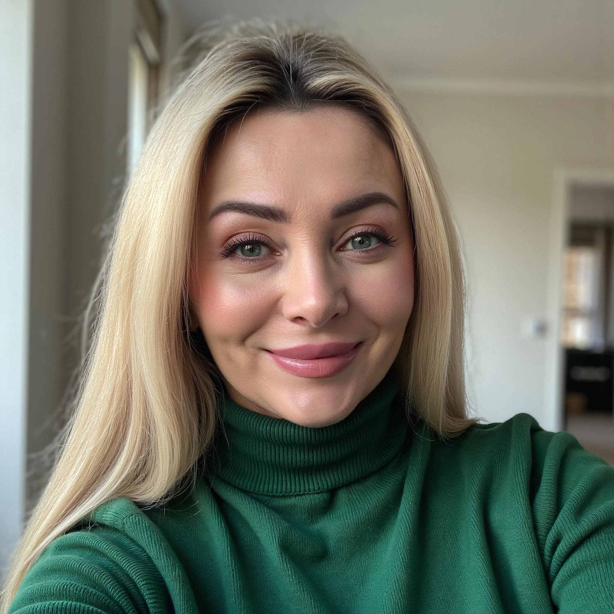 Professional headshot example: Woman Home Green Sweater Smiling 4 — LinkedInHeadshots.ai