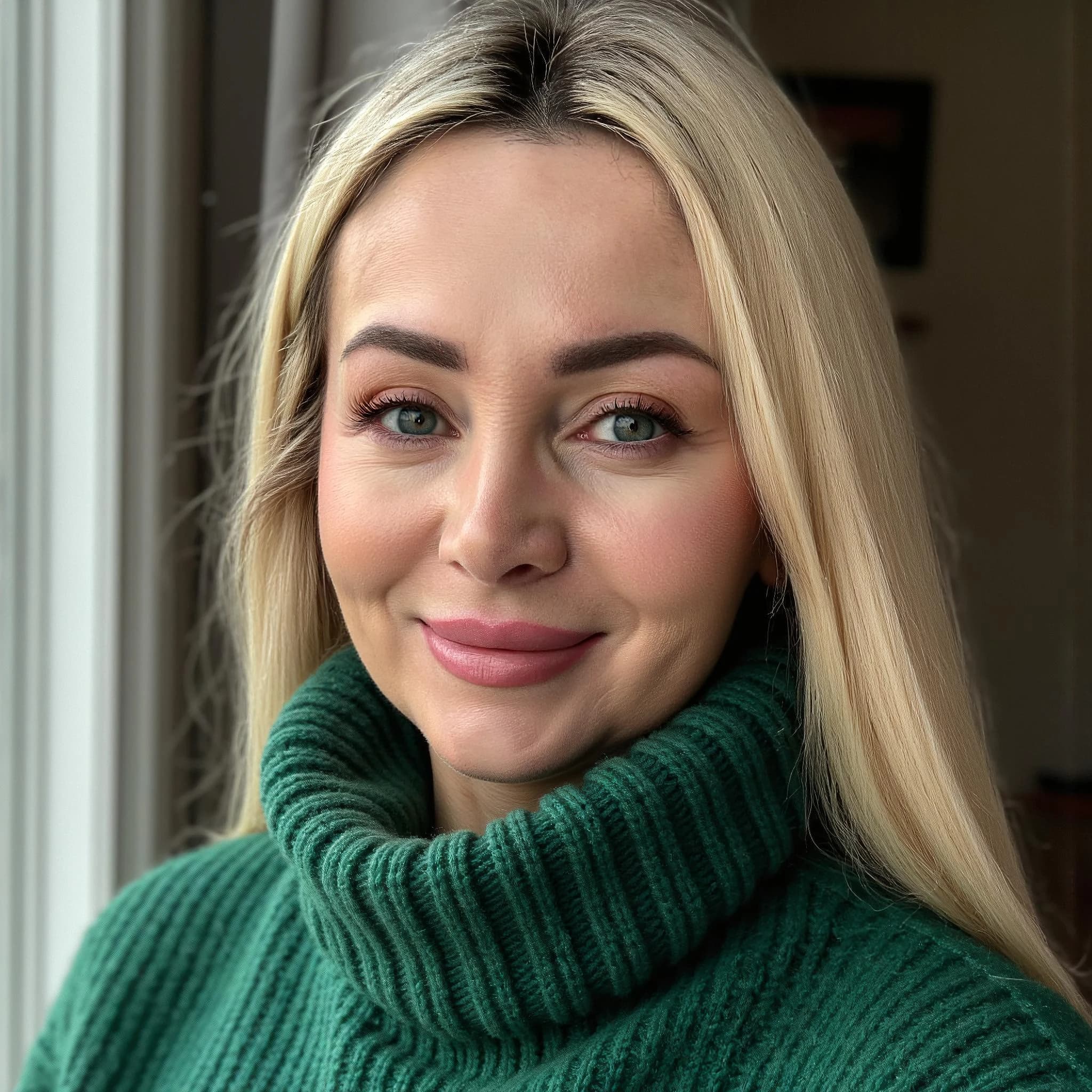 Professional headshot example: Woman Home Green Sweater Smiling 6 — LinkedInHeadshots.ai