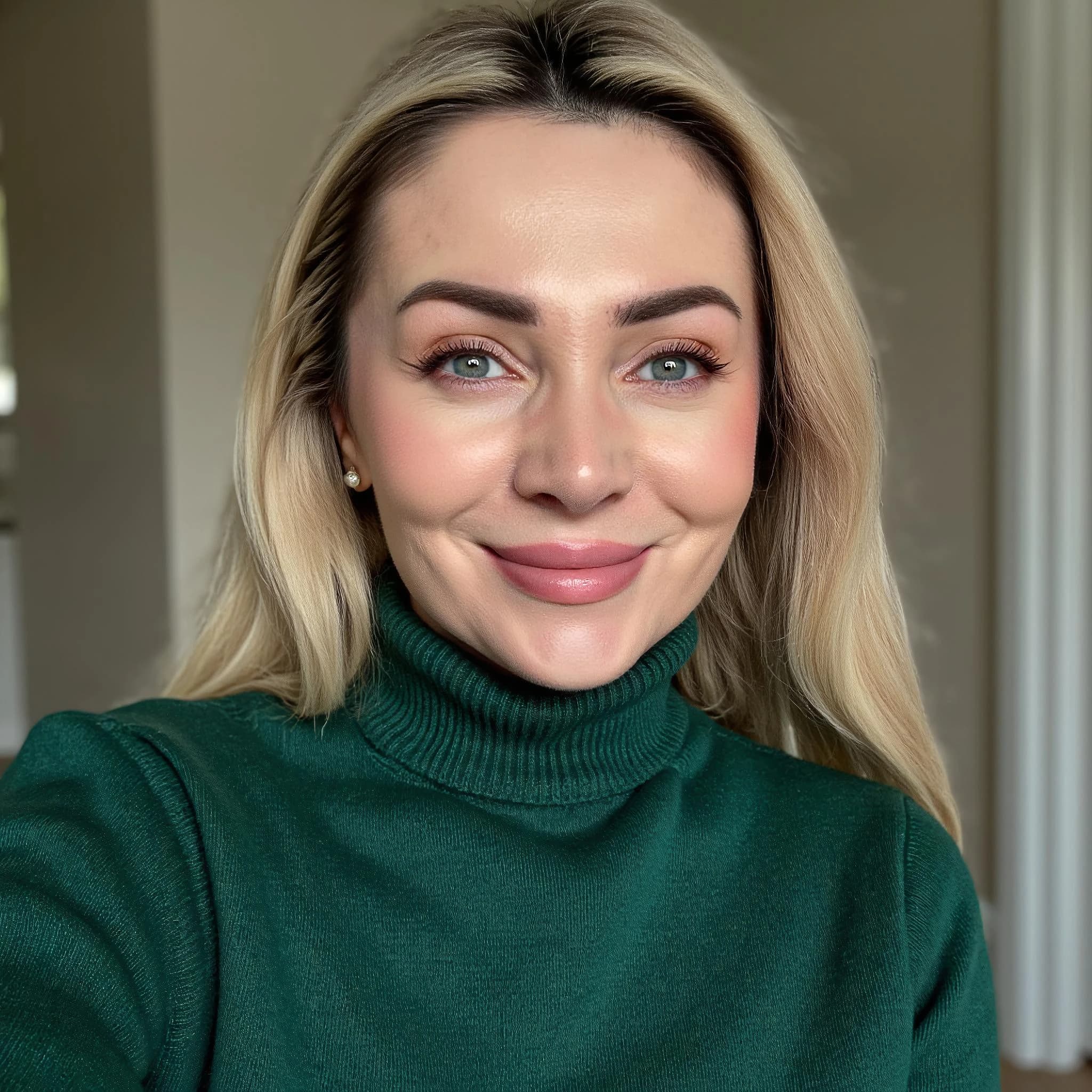 Professional headshot example: Woman Home Green Turtleneck Smiling — LinkedInHeadshots.ai