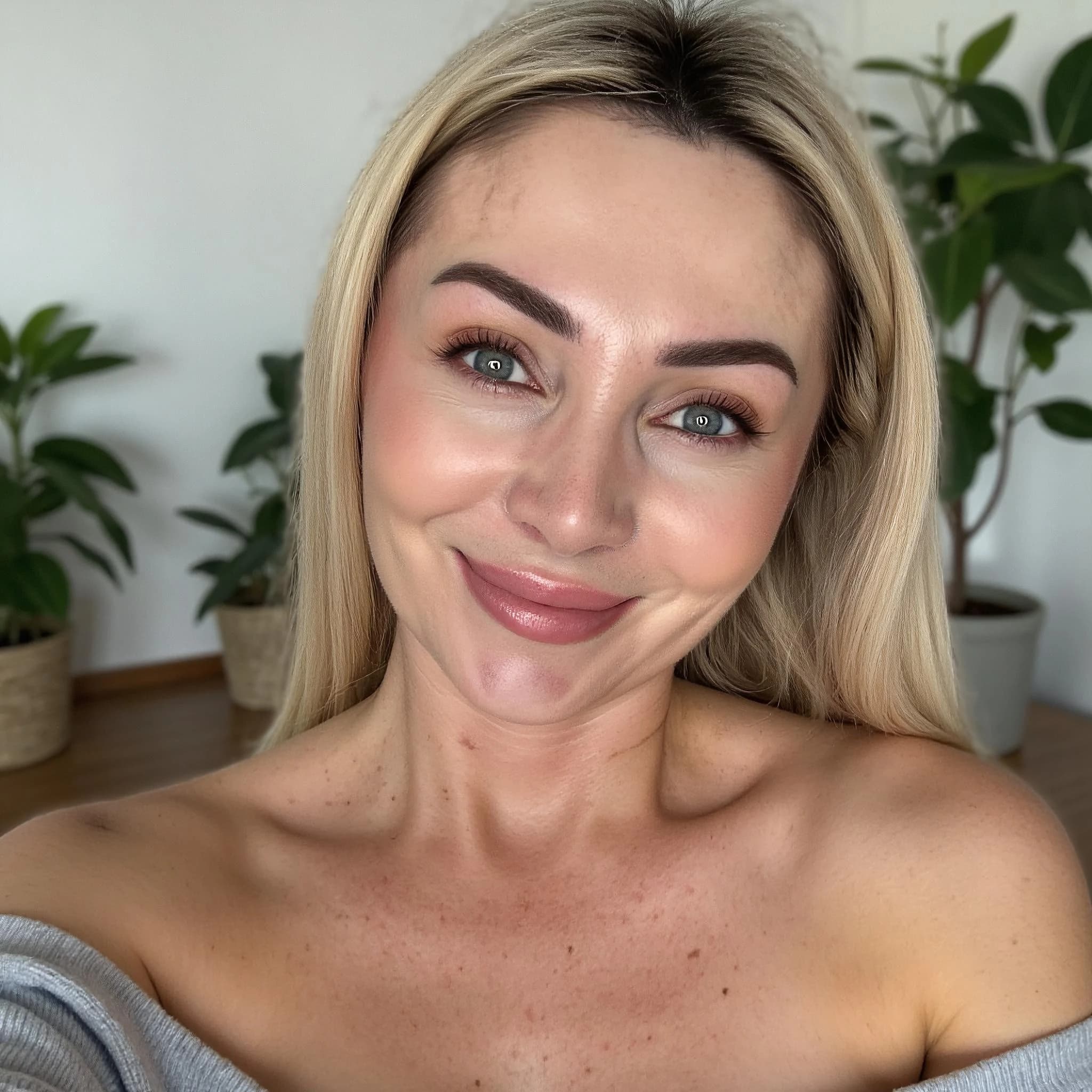 Professional headshot example: Woman Home Off Shoulder Top Smiling — LinkedInHeadshots.ai