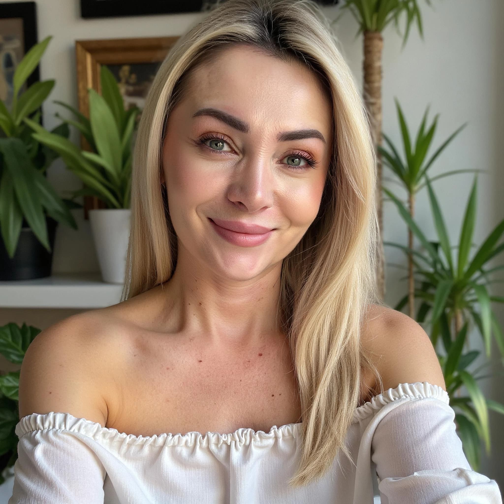 Professional headshot example: Woman Home Offshoulder Top Smiling — LinkedInHeadshots.ai