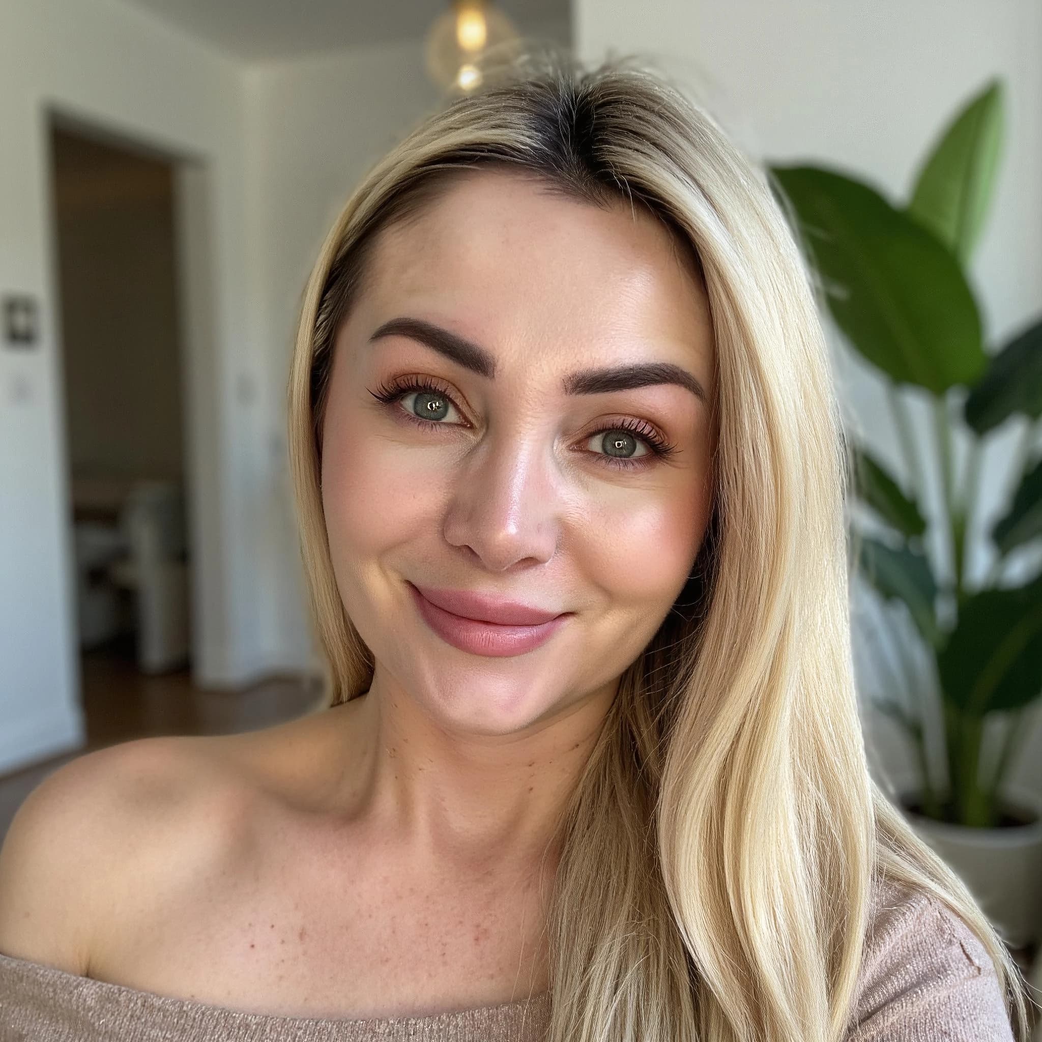 Professional headshot example: Woman Home Offshoulder Top Smiling 2 — LinkedInHeadshots.ai