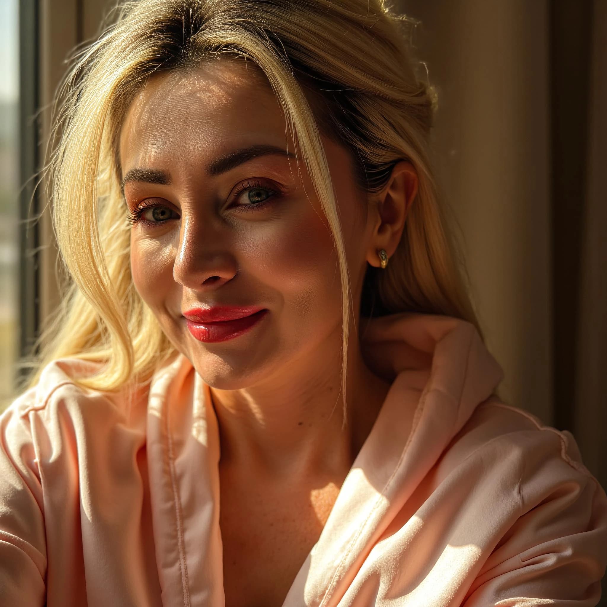Professional headshot example: Woman Home Pink Hoodie Smiling — LinkedInHeadshots.ai