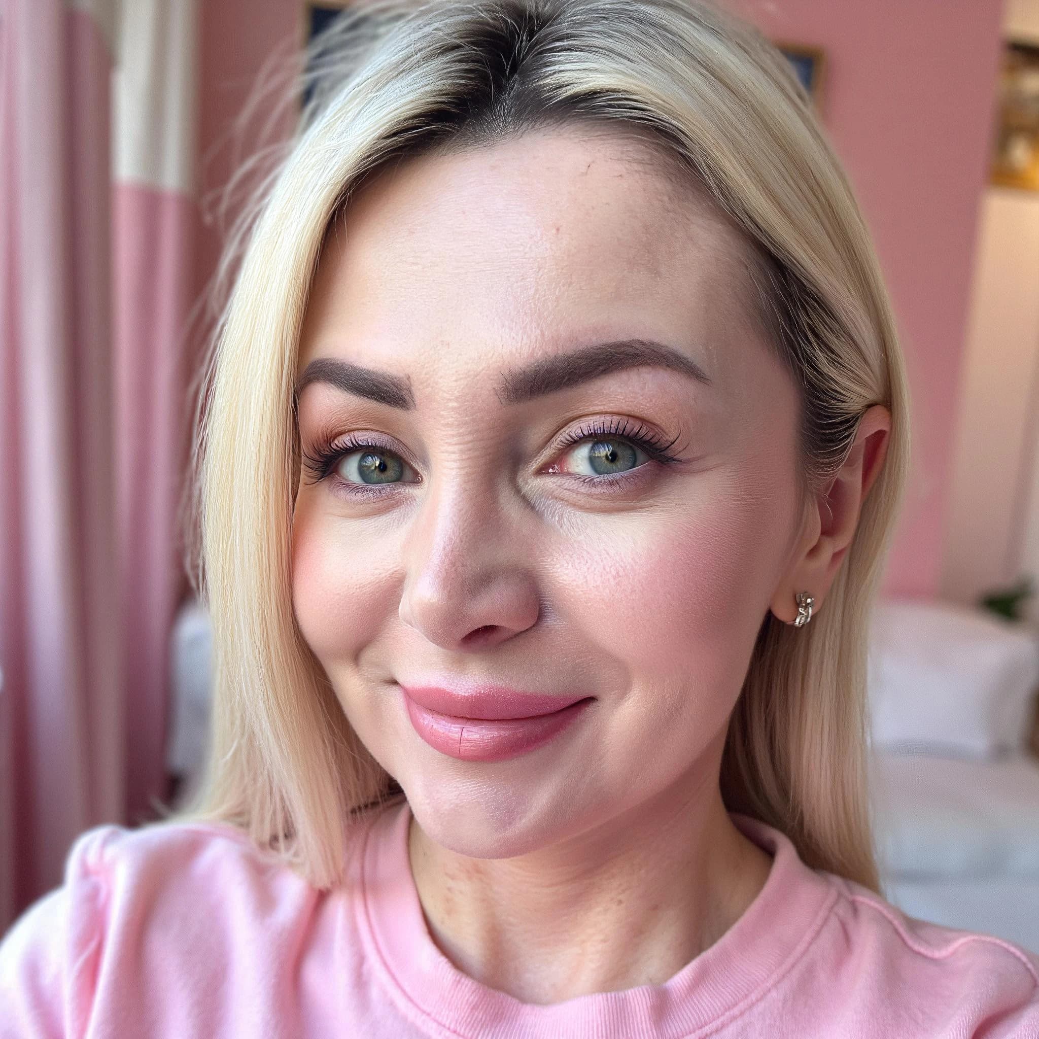 Professional headshot example: Woman Home Pink Shirt Smiling — LinkedInHeadshots.ai