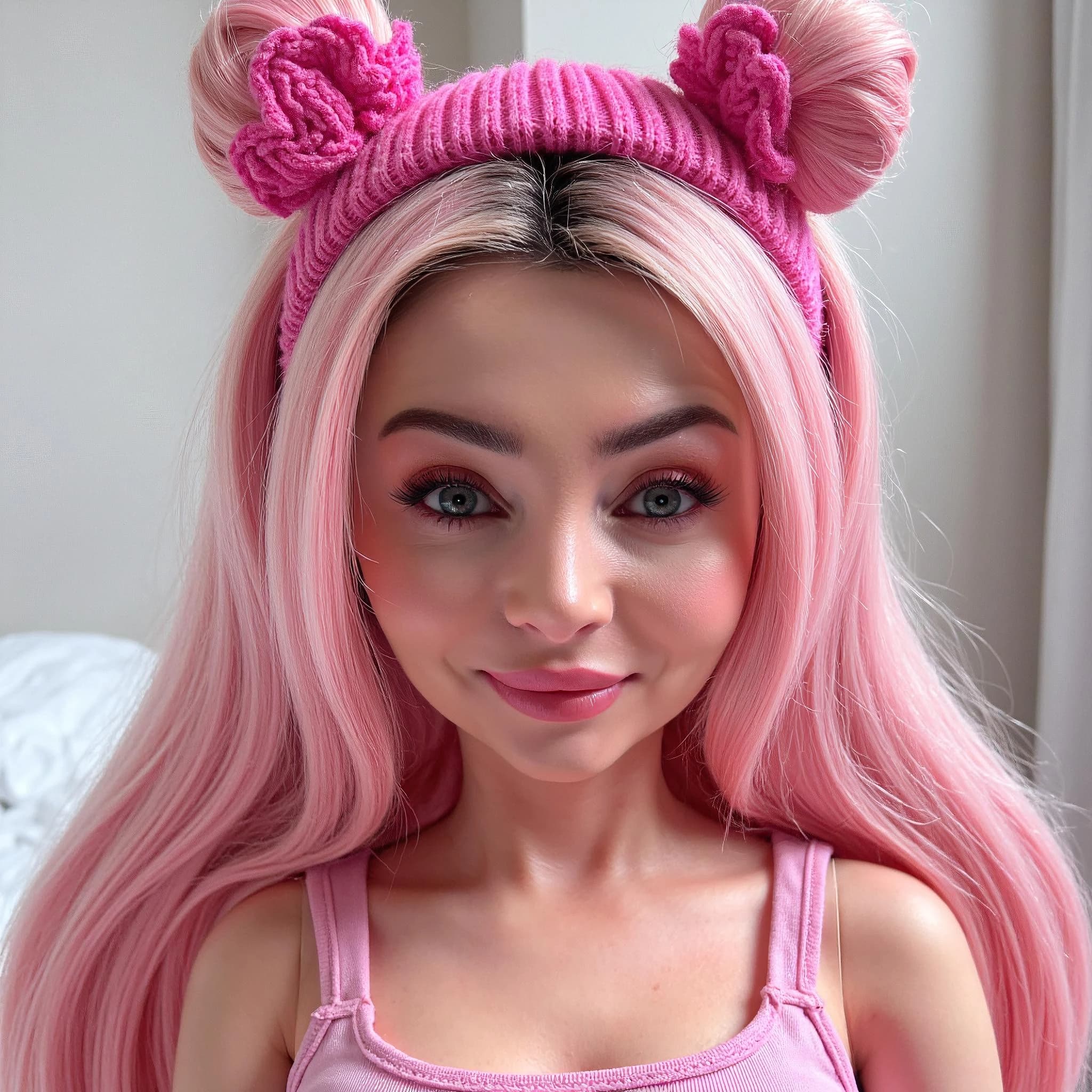 Professional headshot example: Woman Home Pink Top Smiling 2 — LinkedInHeadshots.ai