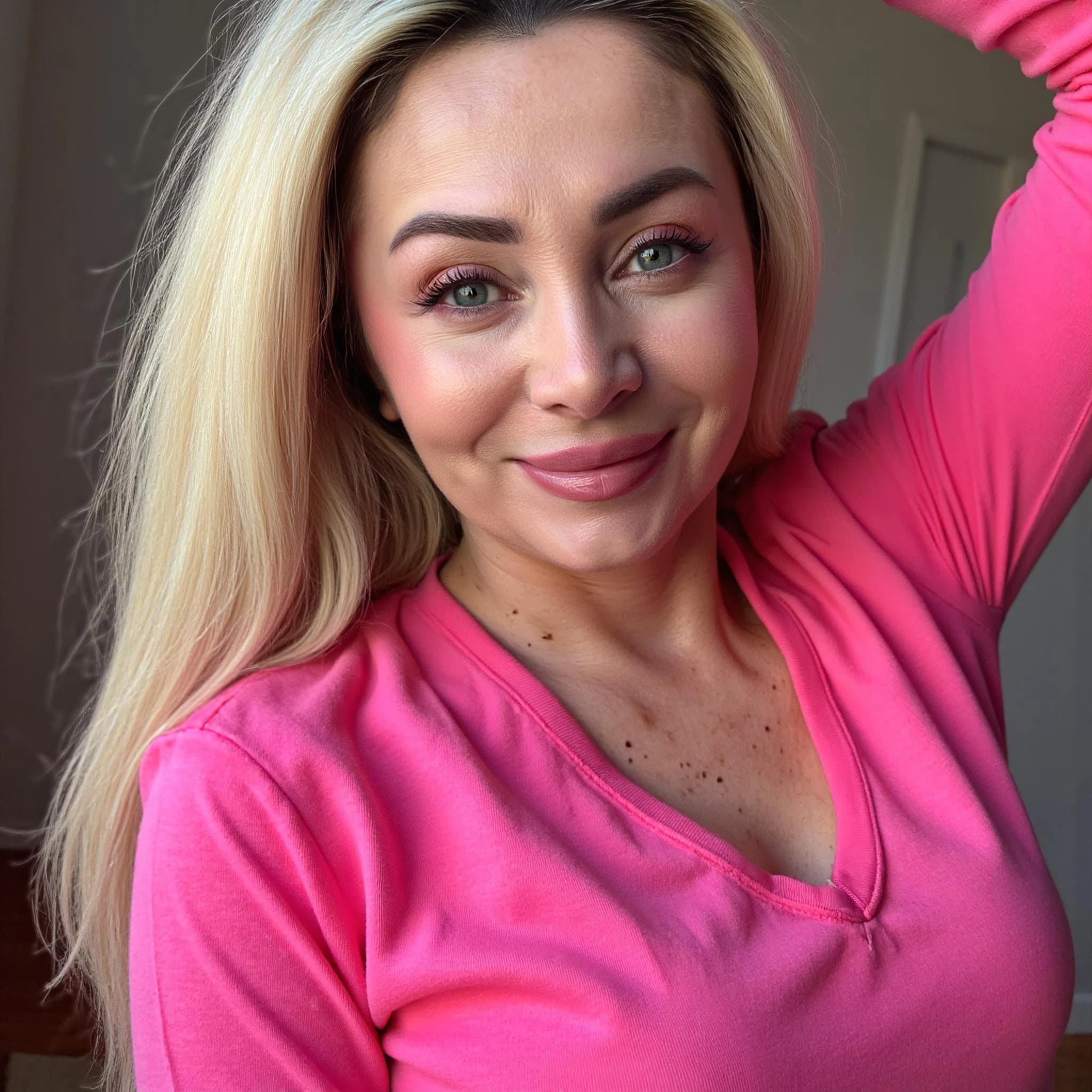 Professional headshot example: Woman Home Pink Top Smiling 3 — LinkedInHeadshots.ai