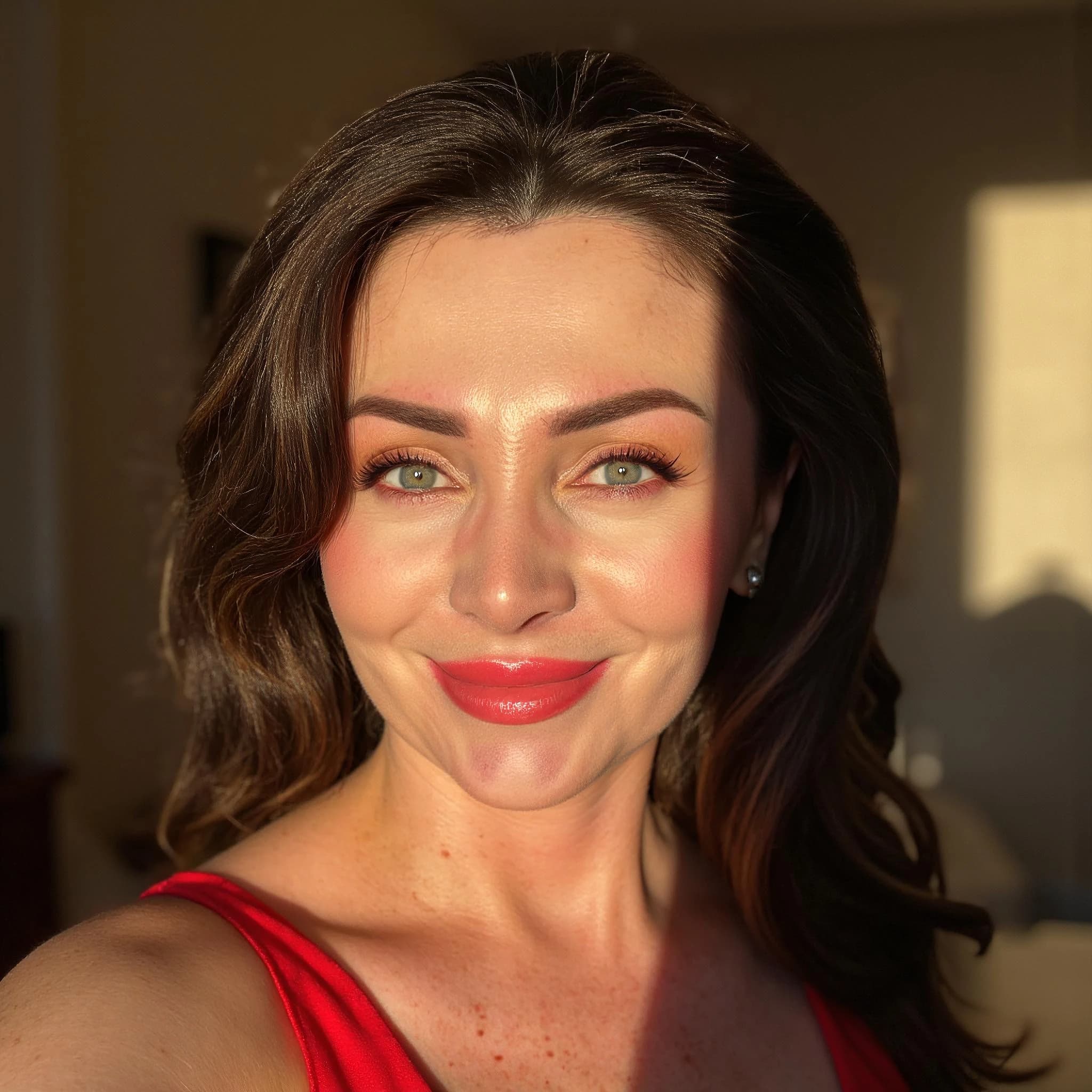 Professional headshot example: Woman Home Red Top Smiling — LinkedInHeadshots.ai