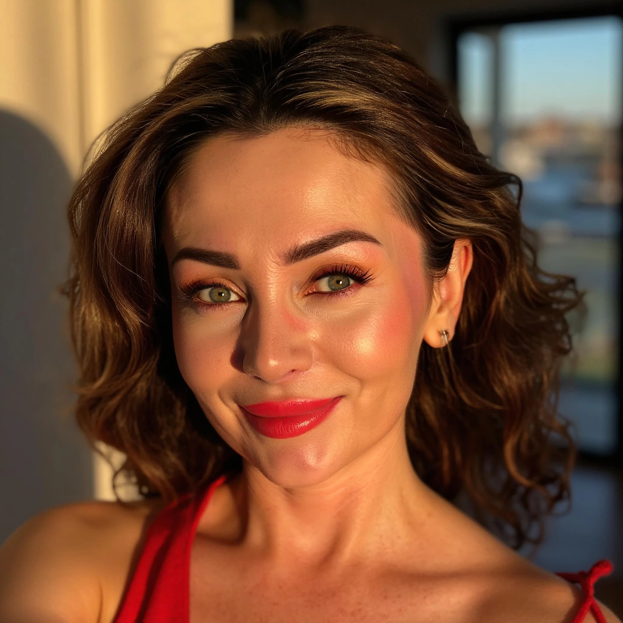 Professional headshot example: Woman Home Red Top Smiling 2 — LinkedInHeadshots.ai