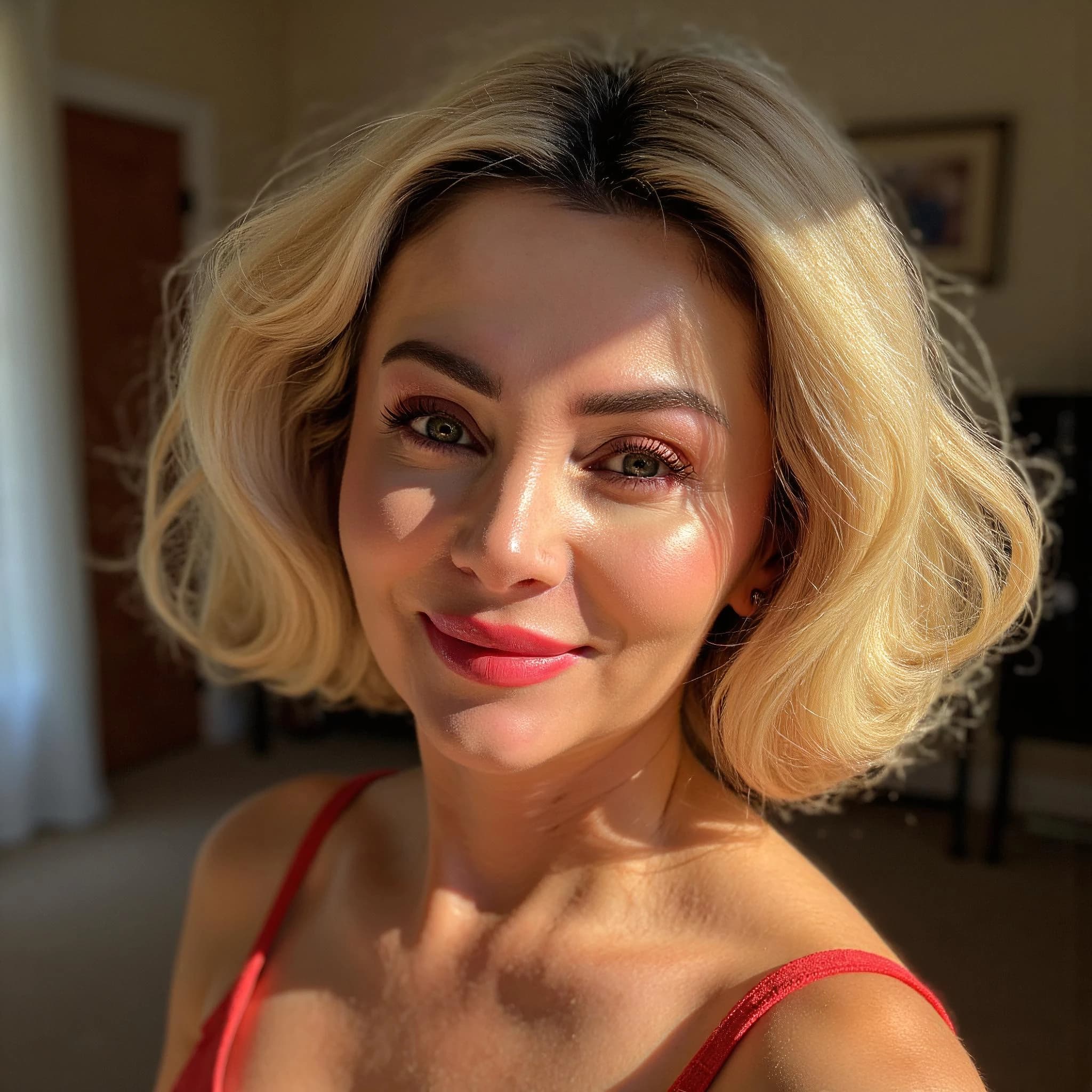 Professional headshot example: Woman Home Red Top Smiling 3 — LinkedInHeadshots.ai