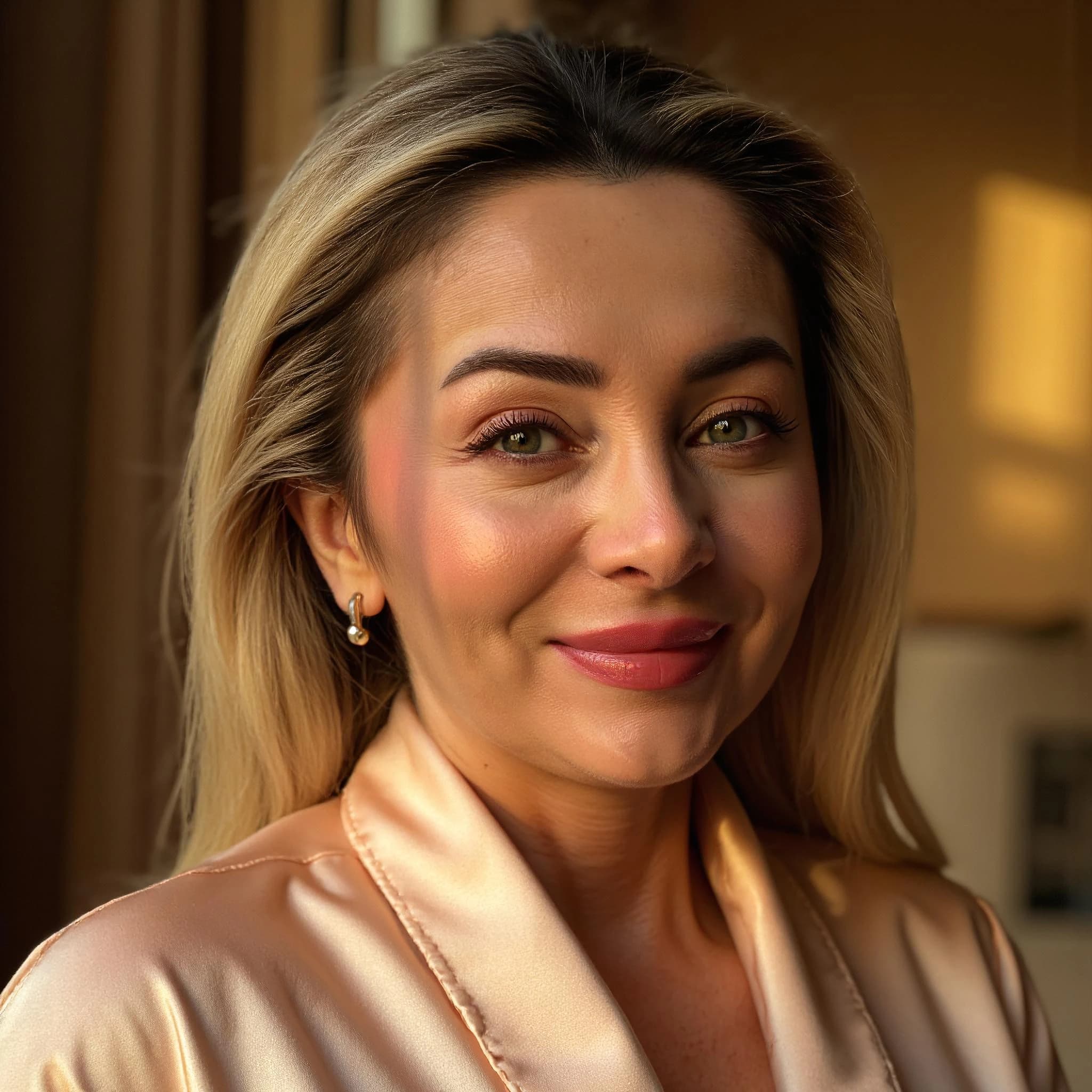 Professional headshot example: Woman Home Satin Blouse Smiling — LinkedInHeadshots.ai