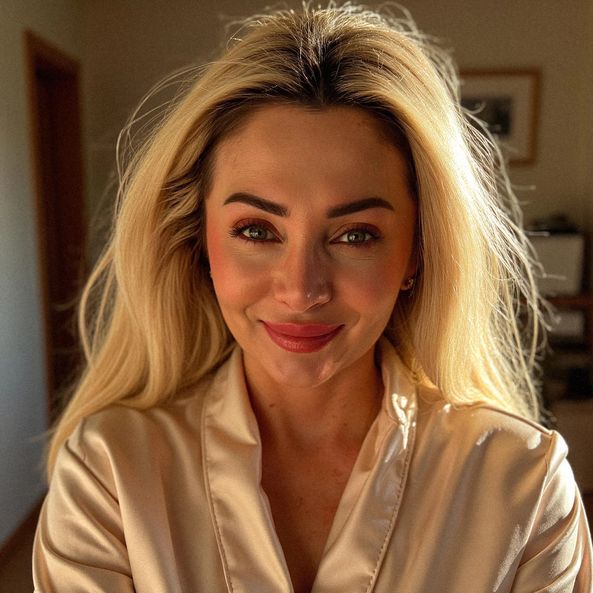 Professional headshot example: Woman Home Satin Blouse Smiling 3 — LinkedInHeadshots.ai