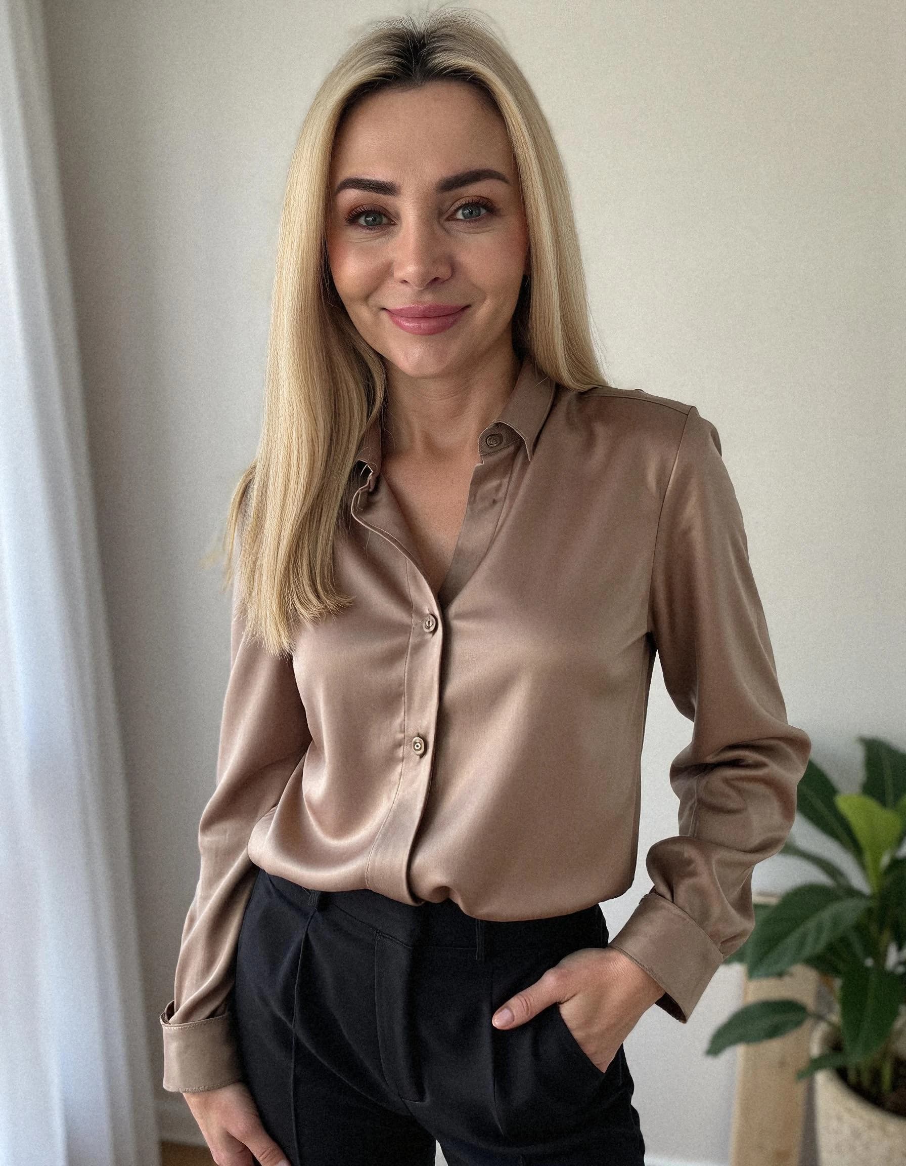 Professional headshot example: Woman Home Satin Blouse Smiling 4 — LinkedInHeadshots.ai