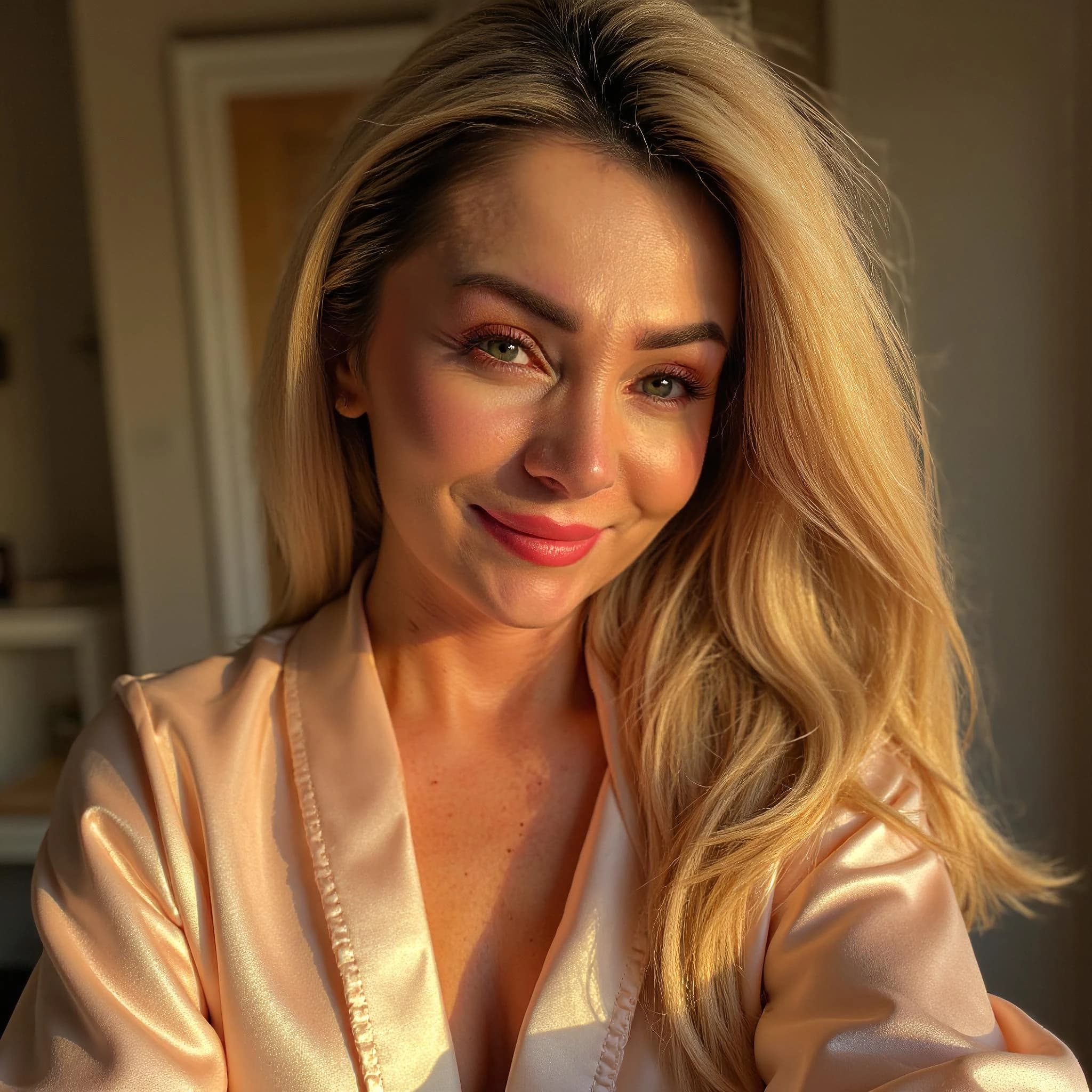 Professional headshot example: Woman Home Satin Robe Smiling — LinkedInHeadshots.ai