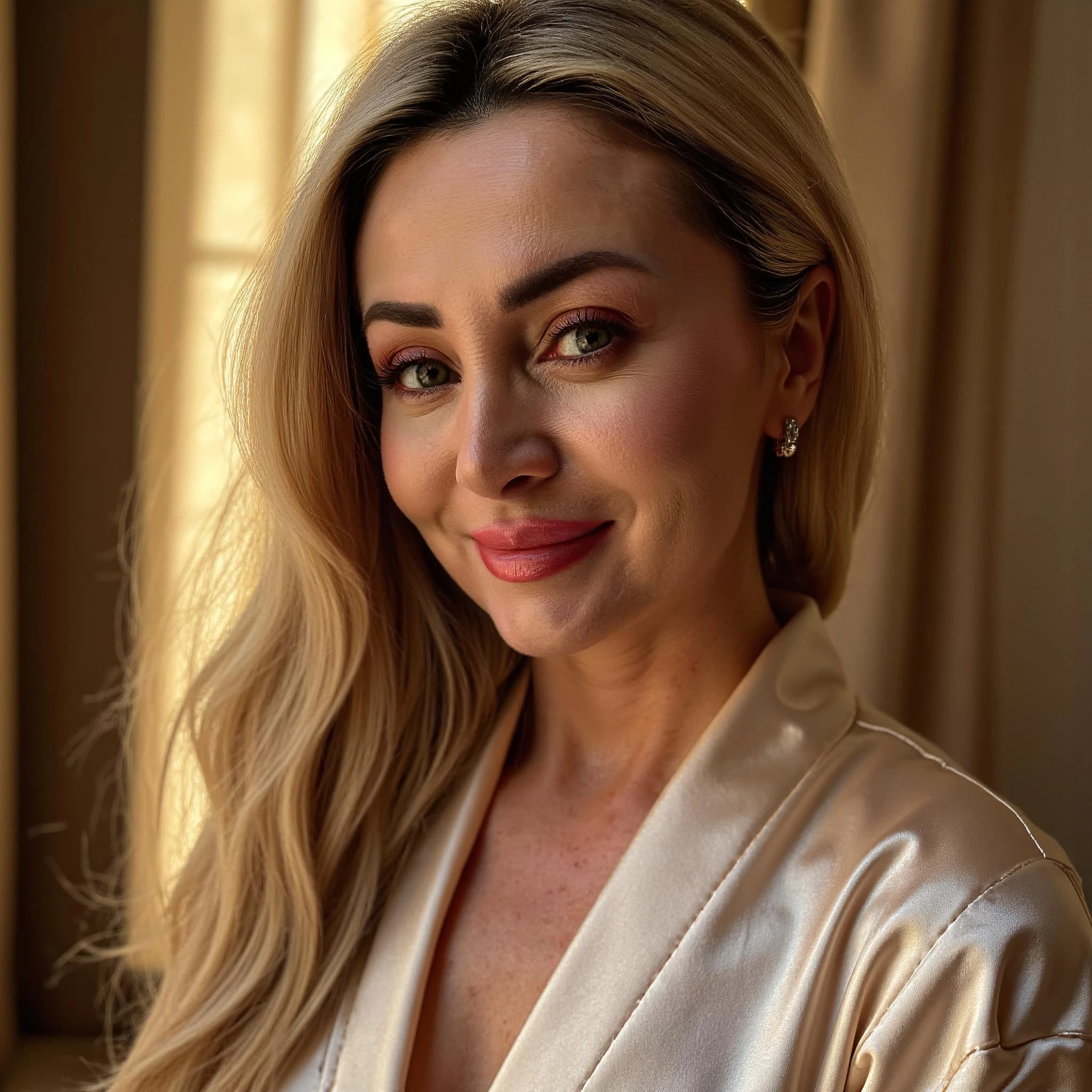 Professional headshot example: Woman Home Satin Robe Smiling 3 — LinkedInHeadshots.ai