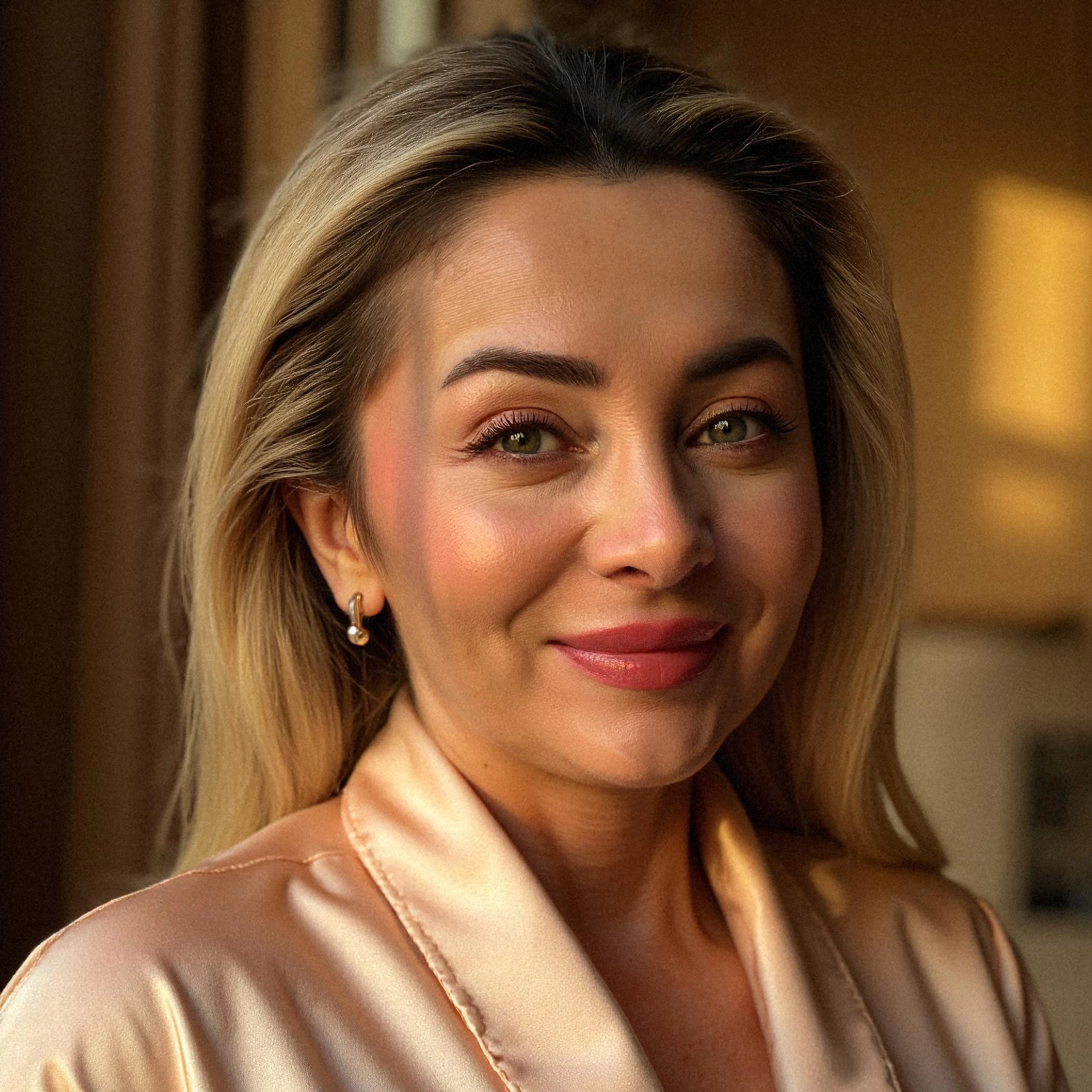Professional headshot example: Woman Home Silk Robe Smiling — LinkedInHeadshots.ai