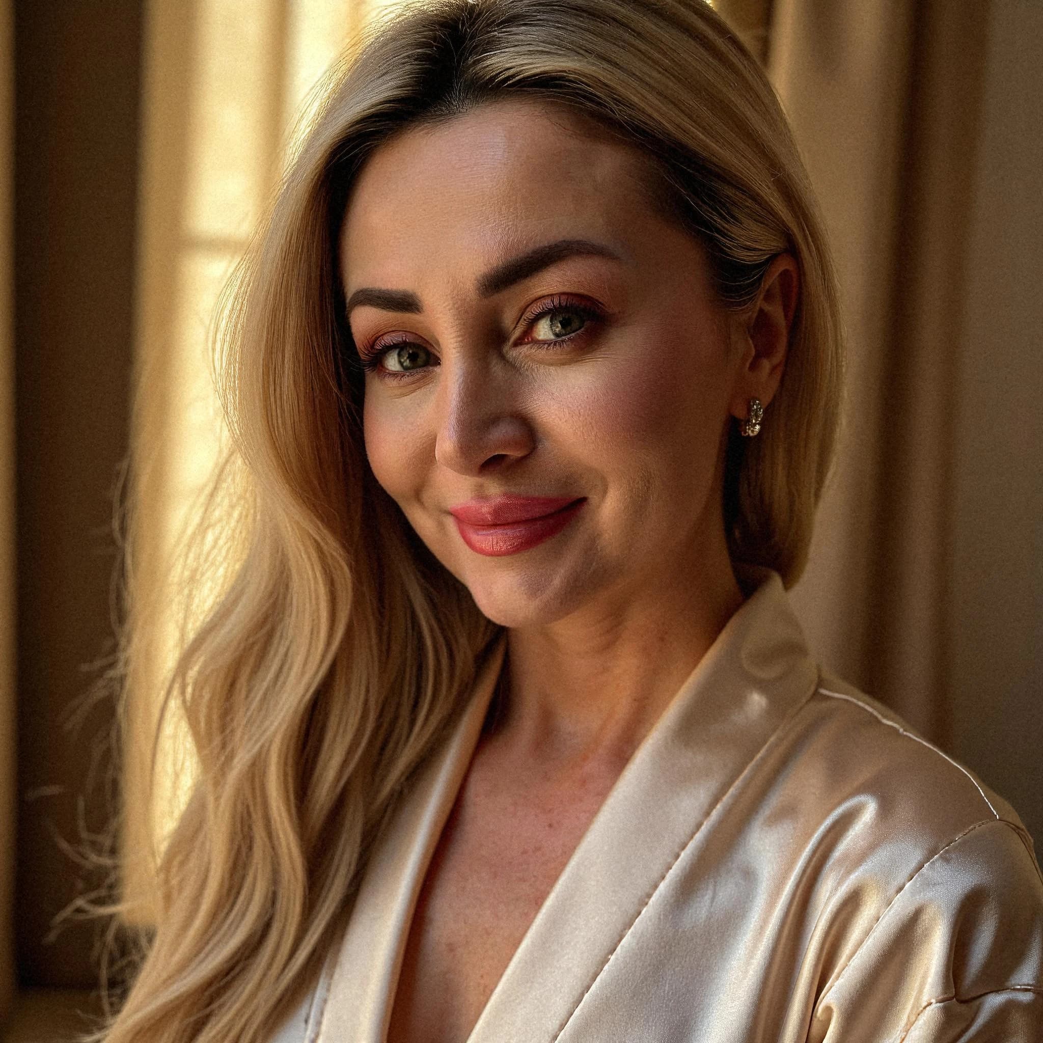 Professional headshot example: Woman Home Silk Robe Smiling 2 — LinkedInHeadshots.ai