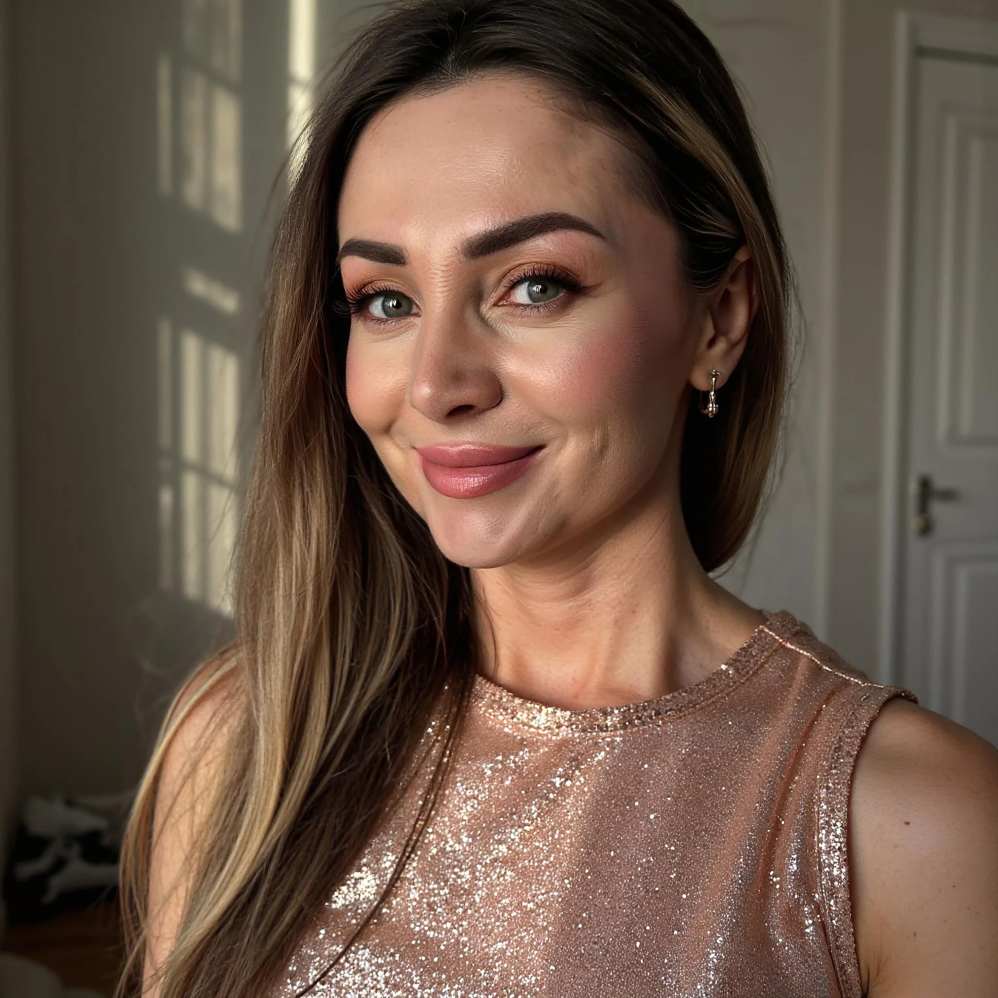 Professional headshot example: Woman Home Sparkly Top Smiling 2 — LinkedInHeadshots.ai