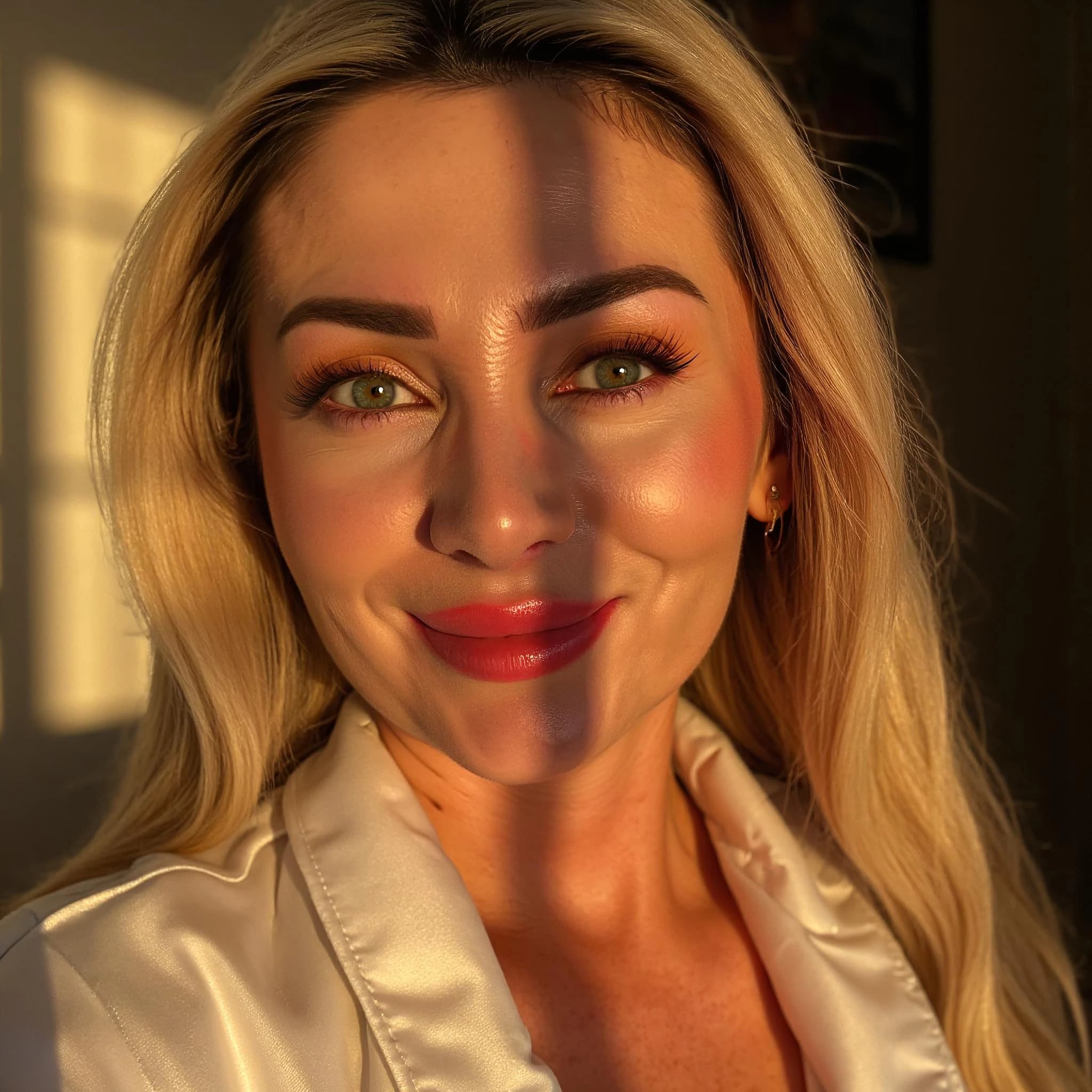 Professional headshot example: Woman Home White Blouse Smiling — LinkedInHeadshots.ai
