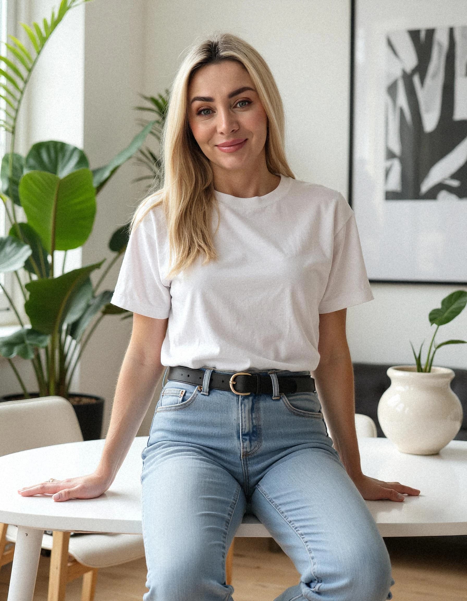 Professional headshot example: Woman Home White Shirt Sitting Table — LinkedInHeadshots.ai