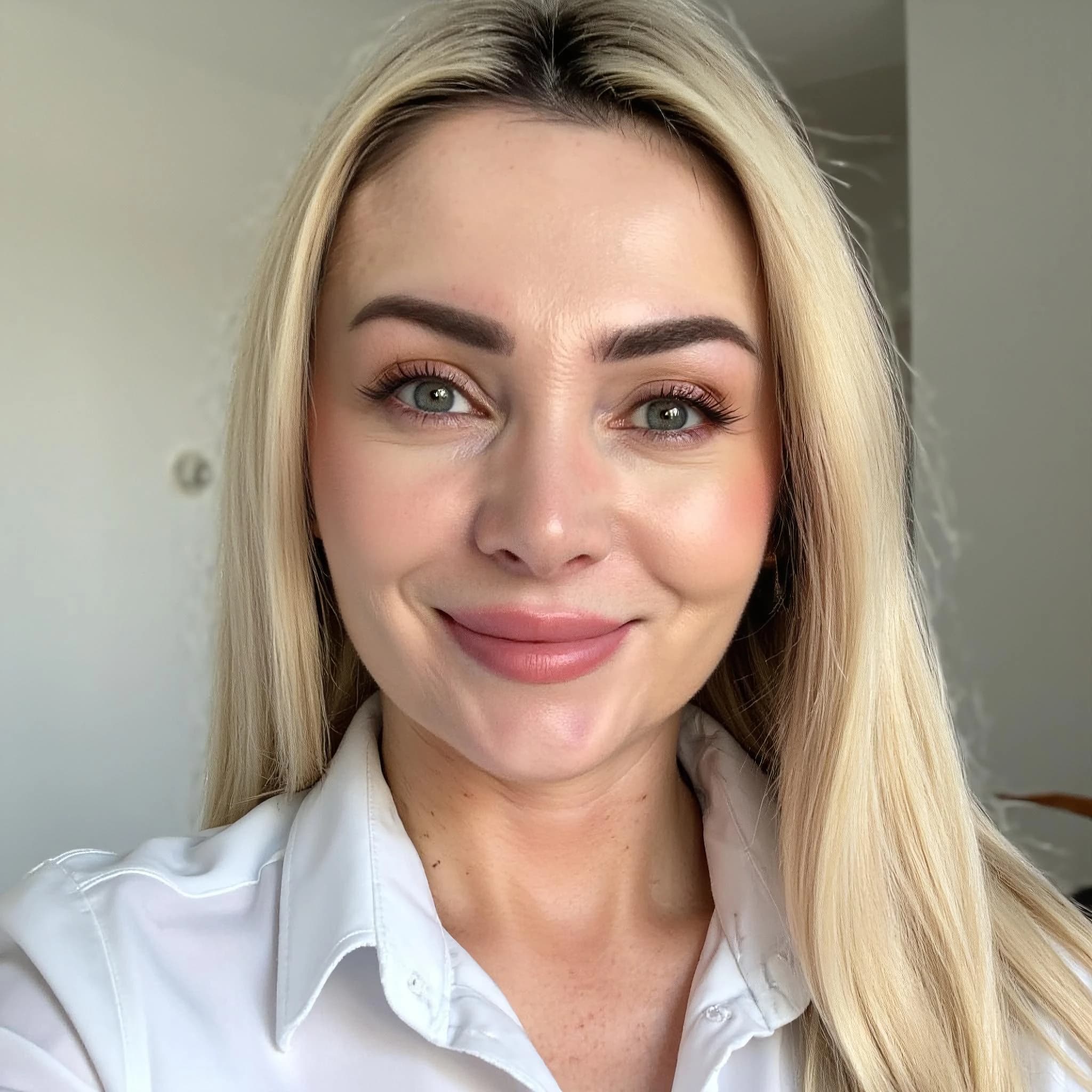 Professional headshot example: Woman Home White Shirt Smiling 3 — LinkedInHeadshots.ai