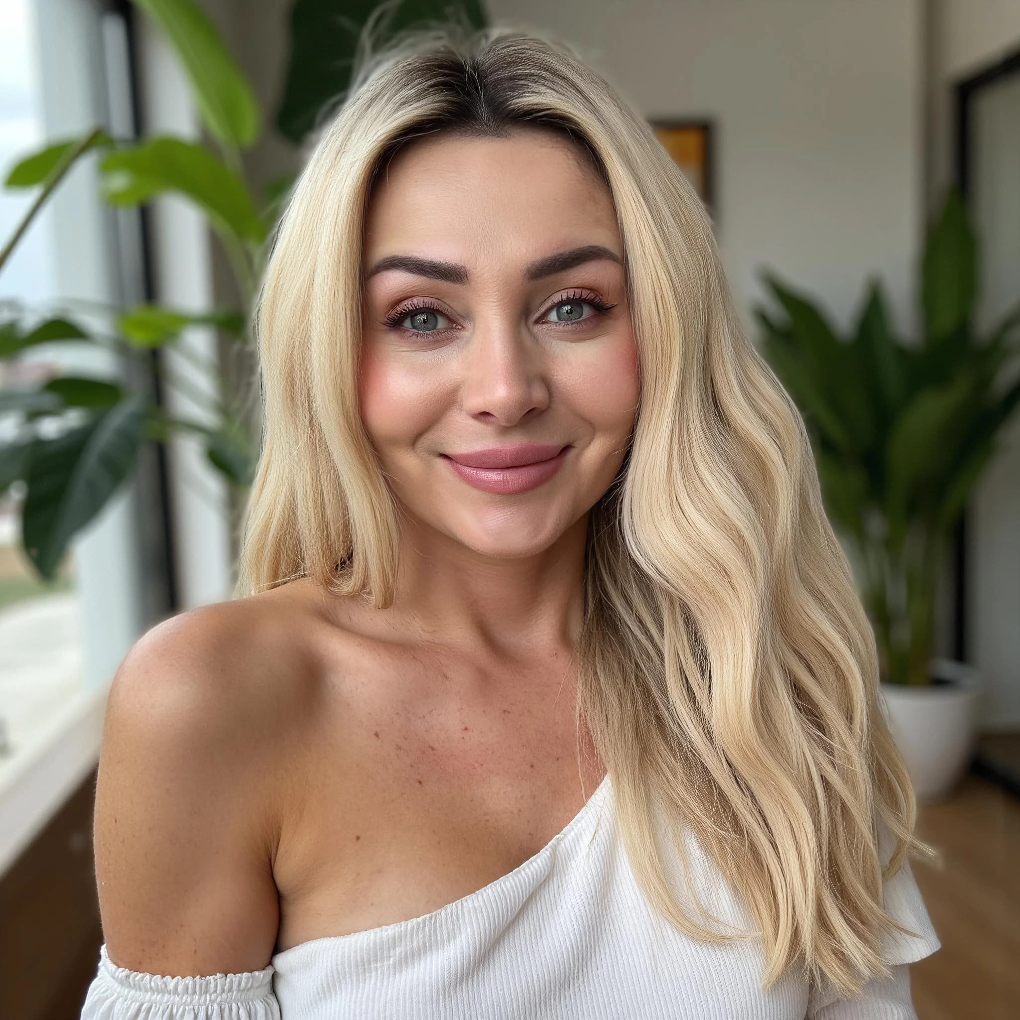 Professional headshot example: Woman Home White Top Smiling 5 — LinkedInHeadshots.ai