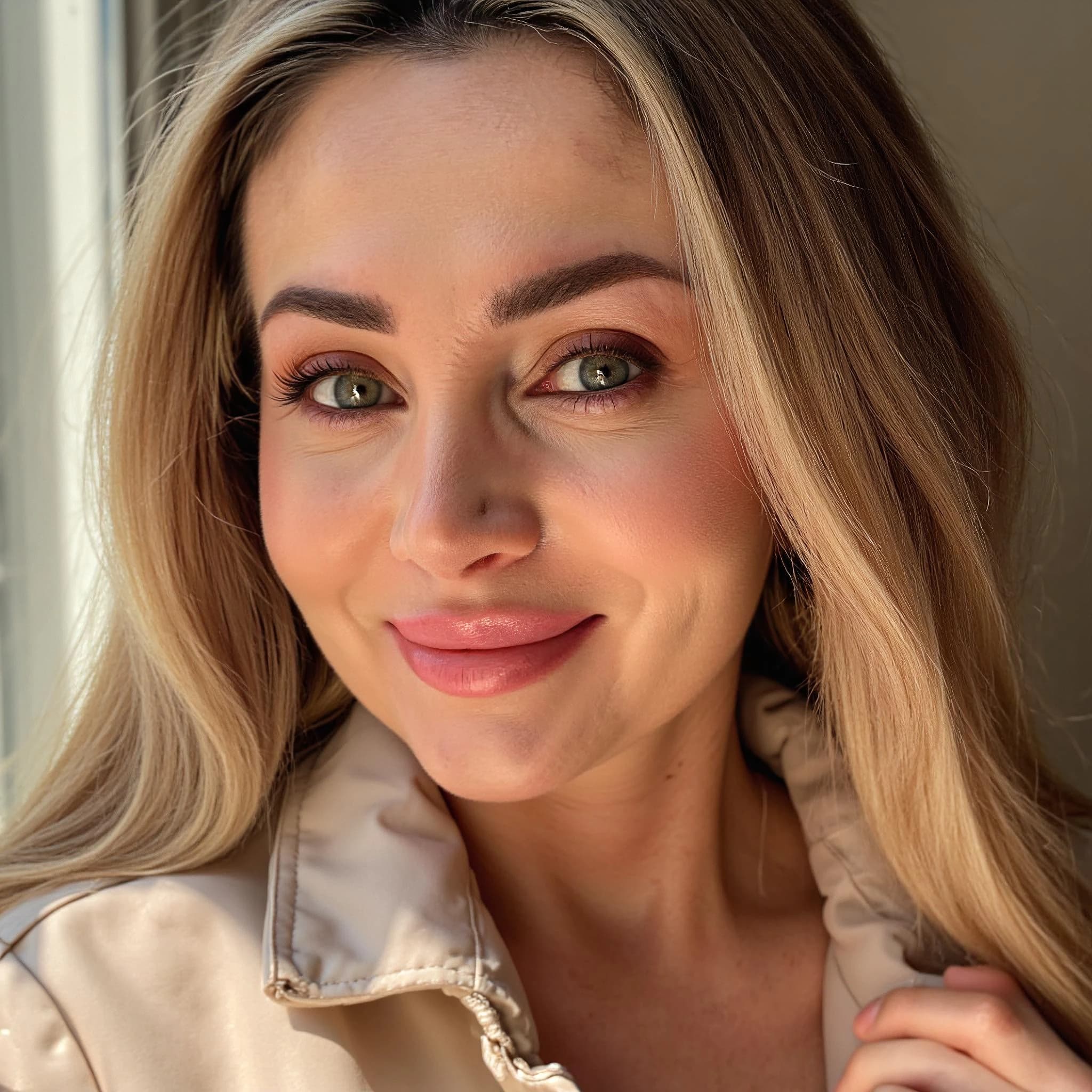 Professional headshot example: Woman Indoor Beige Jacket Smiling — LinkedInHeadshots.ai