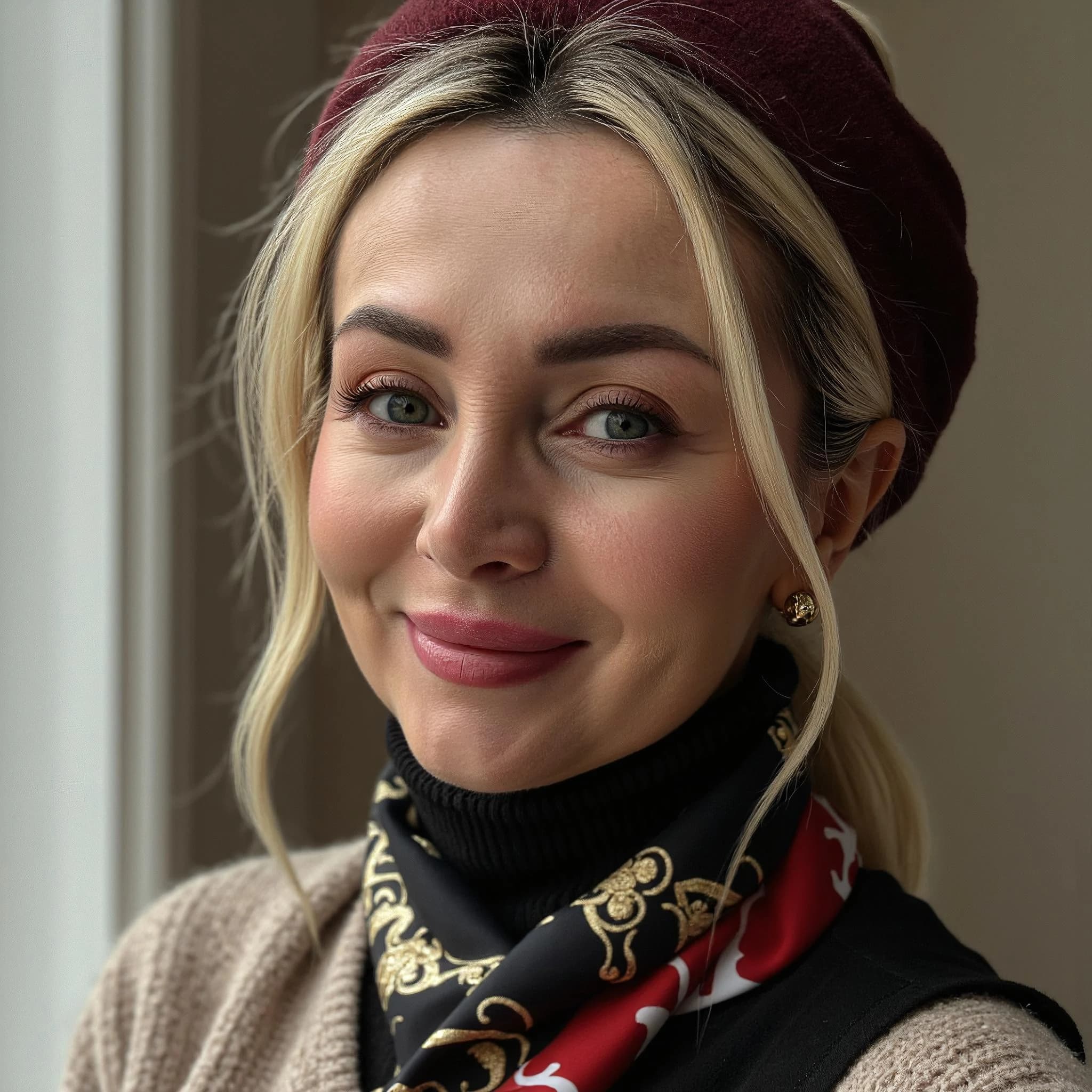 Professional headshot example: Woman Indoor Beret Scarf Smiling — LinkedInHeadshots.ai