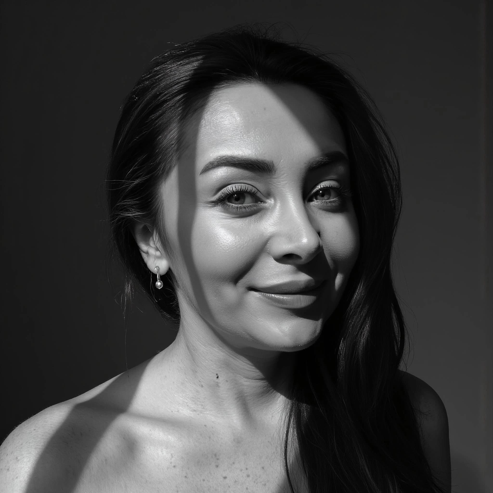 Professional headshot example: Woman Indoor Black And White Smiling — LinkedInHeadshots.ai