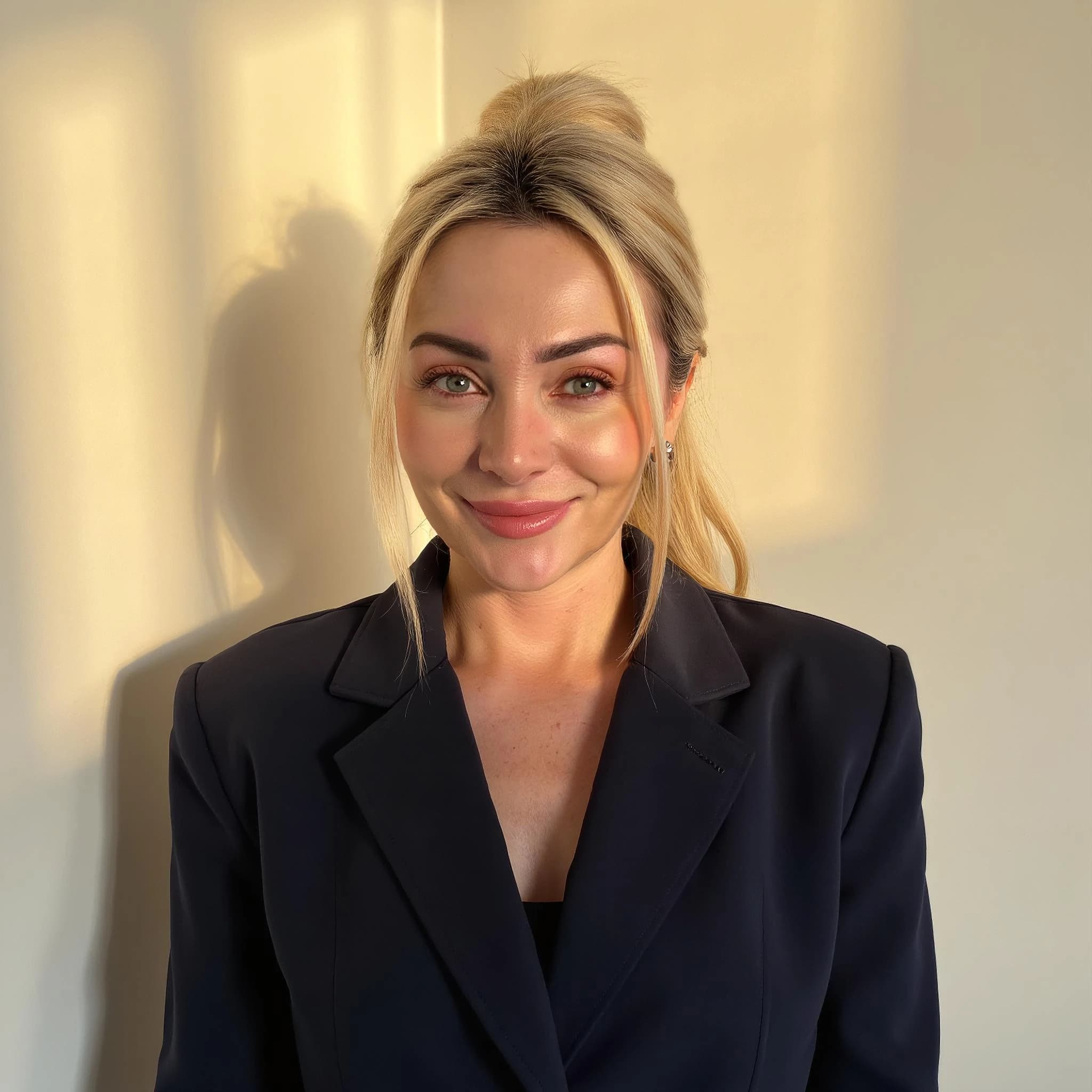Professional headshot example: Woman Indoor Black Blazer Smiling 2 — LinkedInHeadshots.ai
