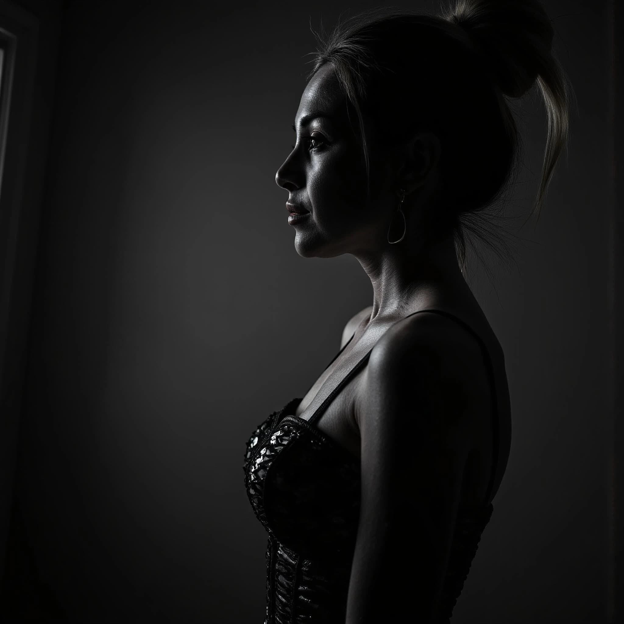 Professional headshot example: Woman Indoor Black Dress Side Profile — LinkedInHeadshots.ai