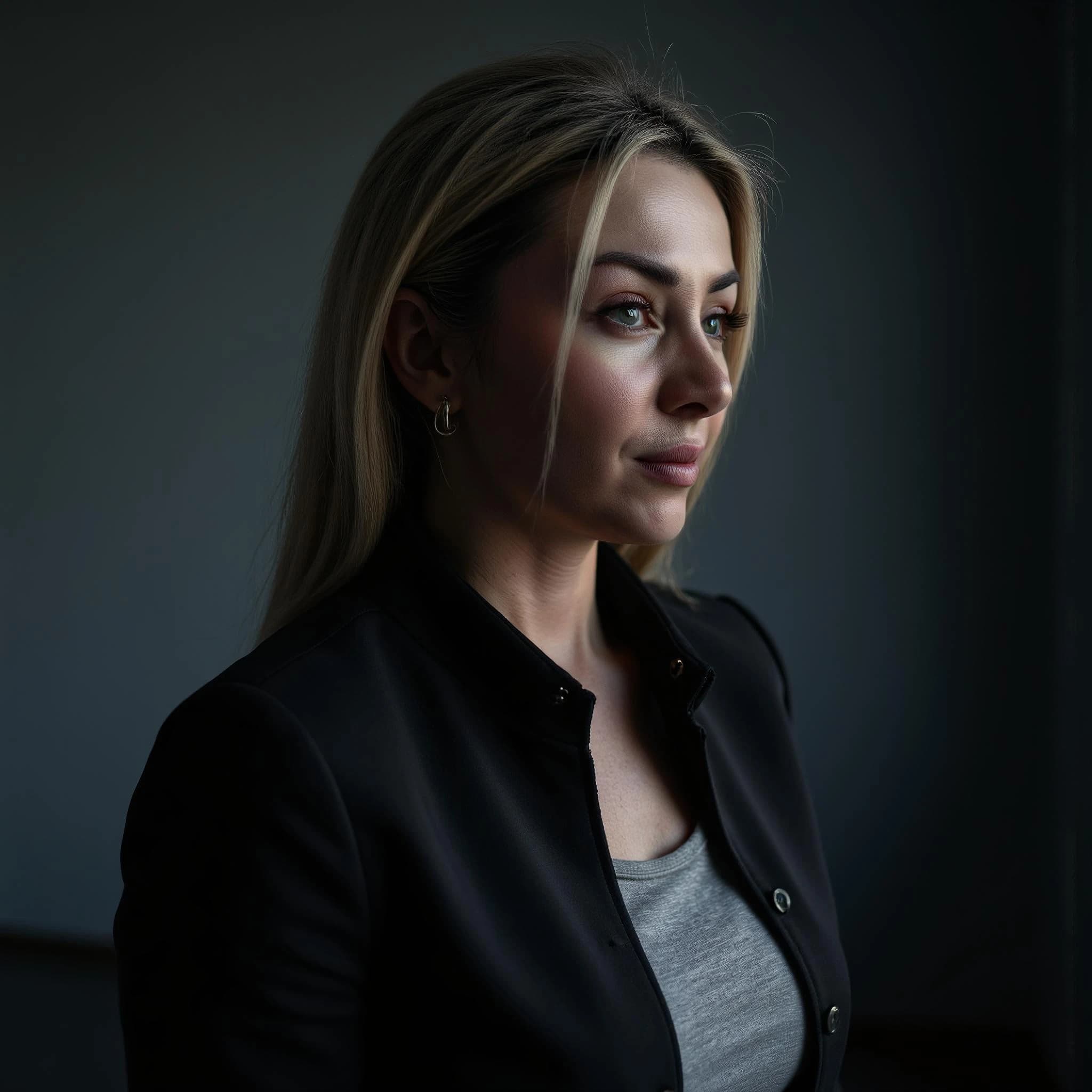 Professional headshot example: Woman Indoor Black Jacket Profile — LinkedInHeadshots.ai