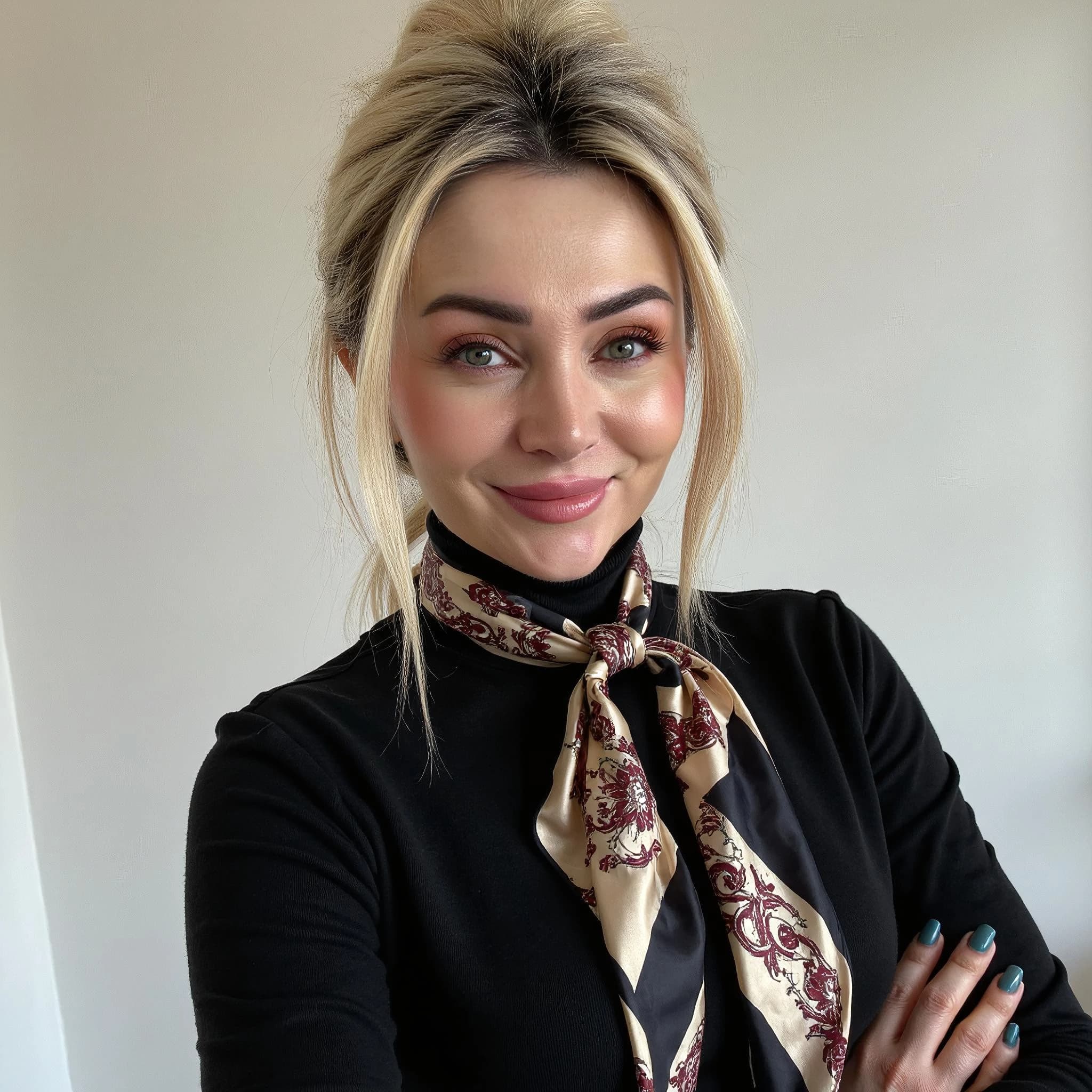 Professional headshot example: Woman Indoor Black Top Crossed Arms 2 — LinkedInHeadshots.ai